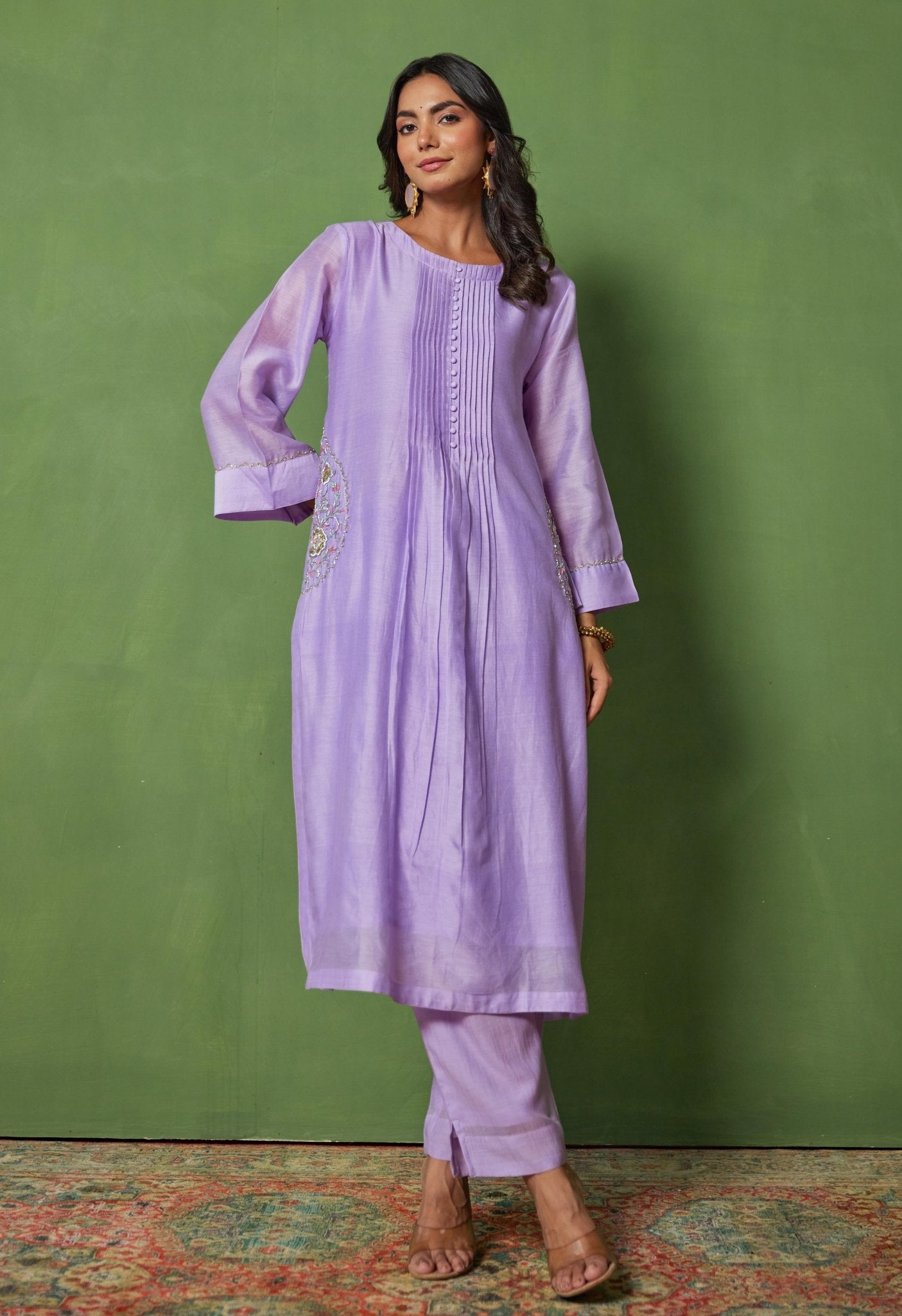 Lilac Elegance: Hand-Embroidered Chanderi Coord Set
