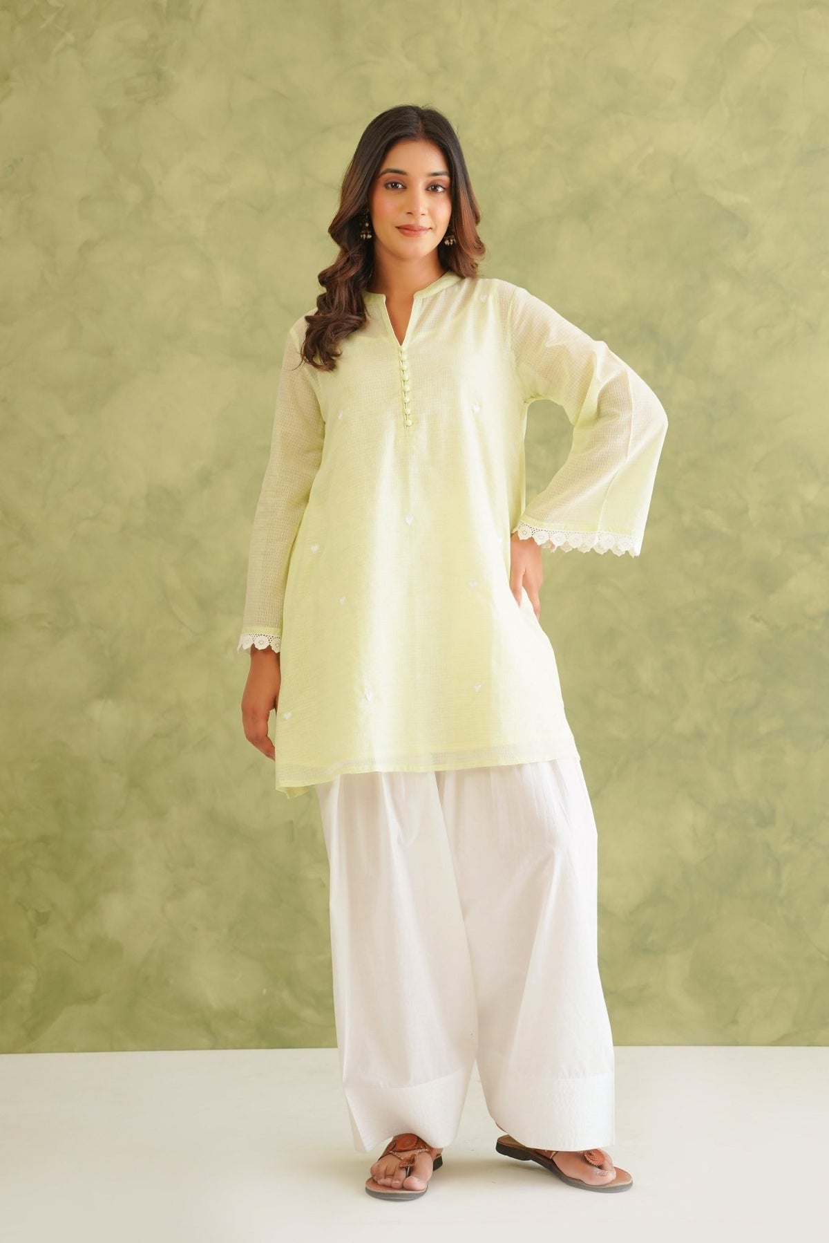Lime Green Doriya Sweet Heart Kurta With farshi Salwar - Tara - C - Tara