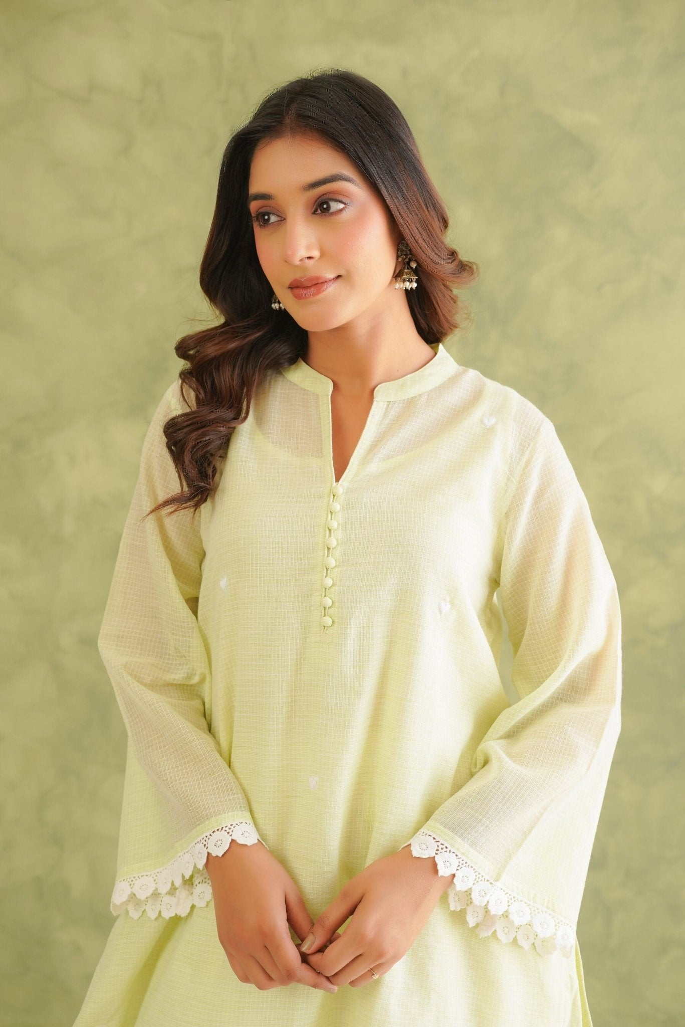 Lime Green Doriya Sweet Heart Kurta With farshi Salwar - Tara - C - Tara