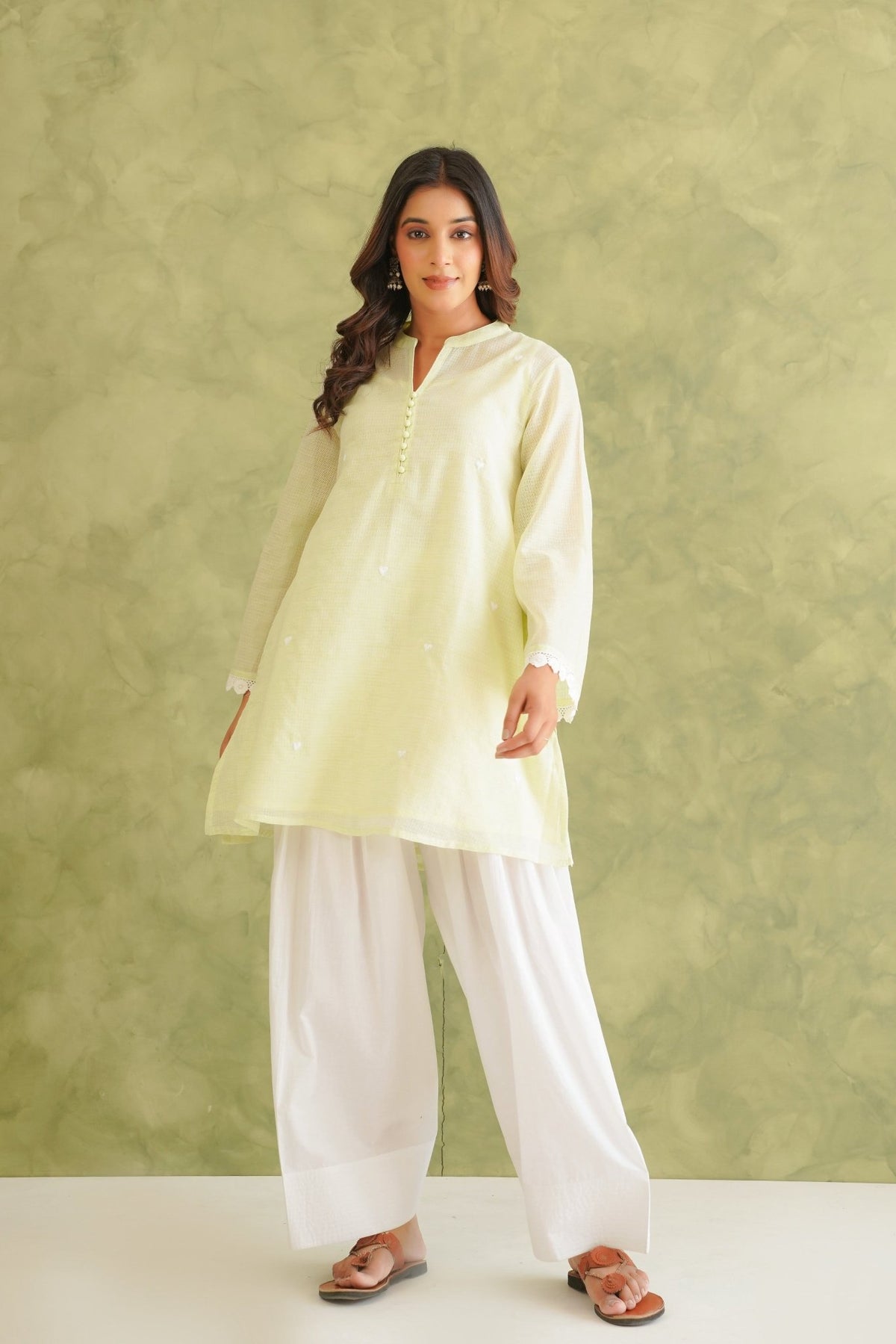 Lime Green Doriya Sweet Heart Kurta With farshi Salwar - Tara - C - Tara