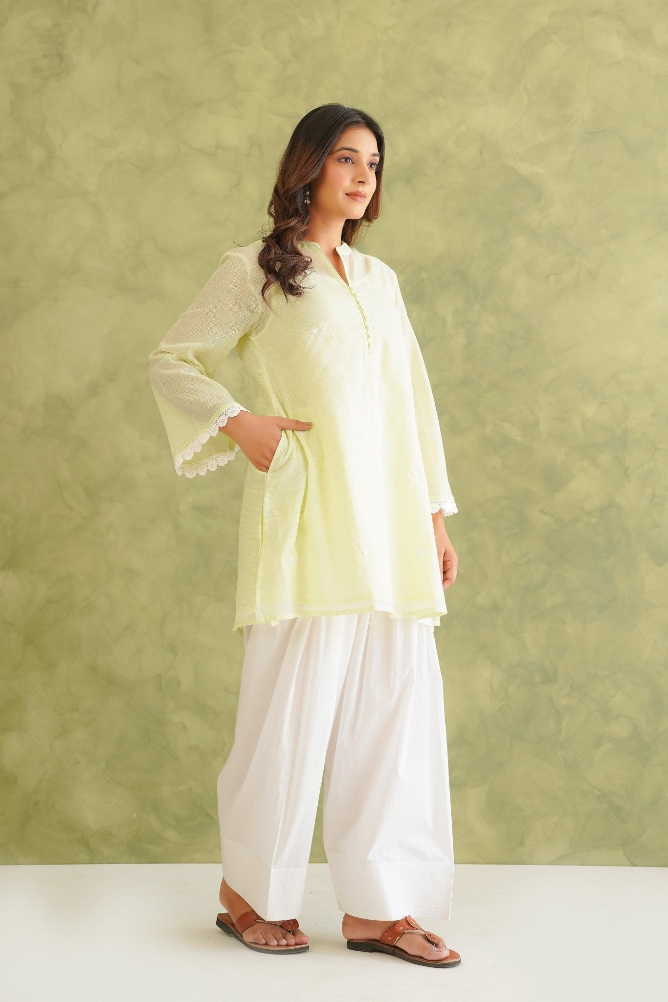 Lime Green Doriya Sweet Heart Kurta With farshi Salwar - Tara - C - Tara