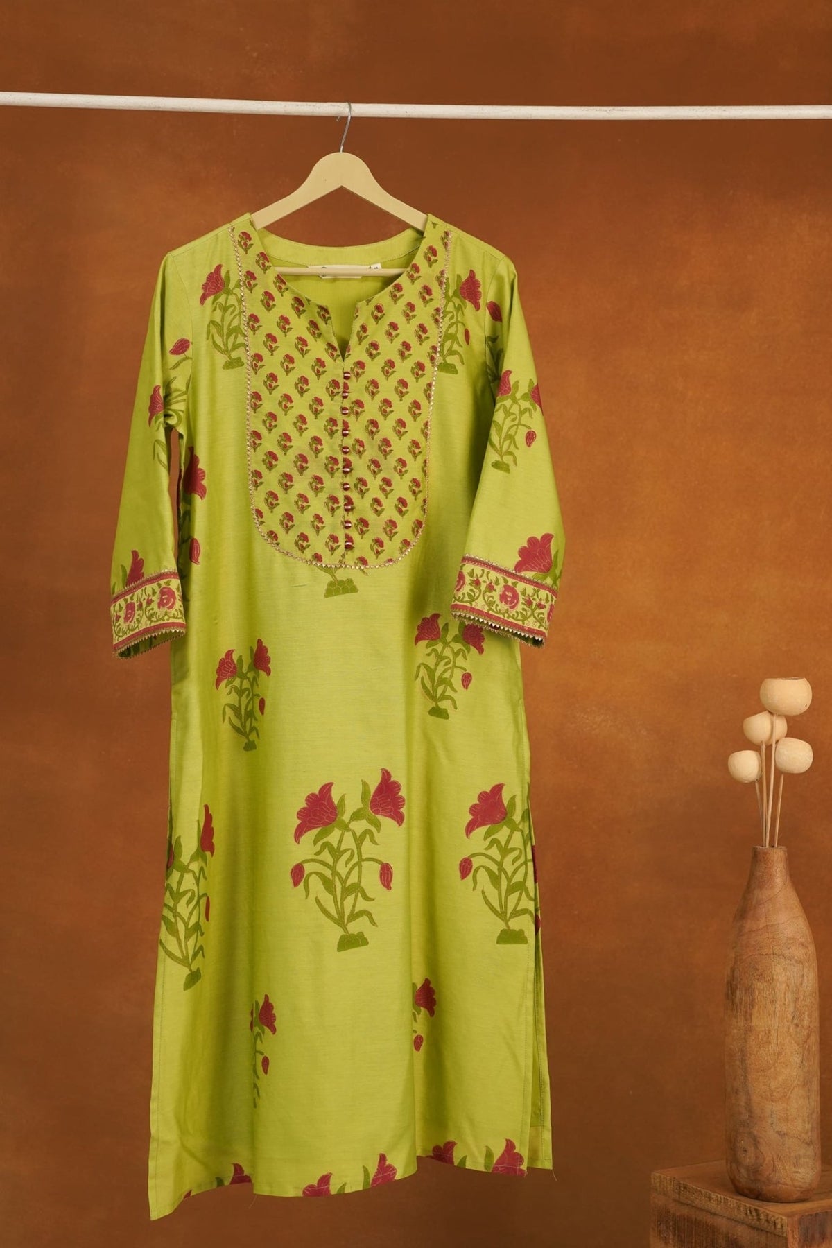 Lime Green Floral Hand Block Printed Chanderi Silk Kurta - Tara-C-Tara