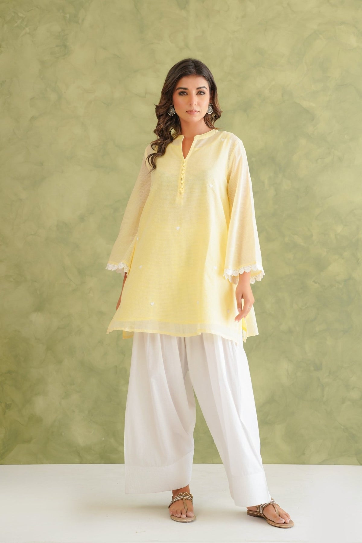 Lime Yellow Doriya Sweet Heart Kurta With farshi Salwar - Tara - C - Tara