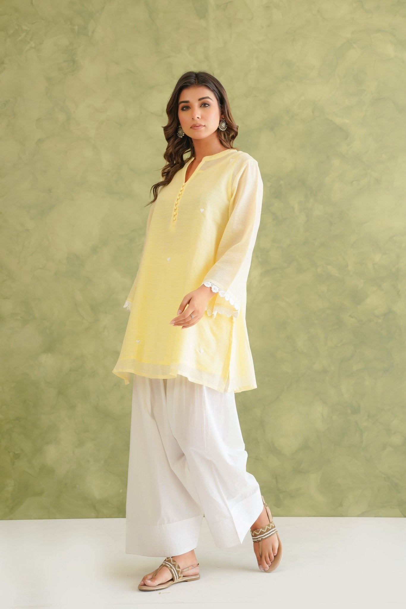 Lime Yellow Doriya Sweet Heart Kurta With farshi Salwar - Tara - C - Tara