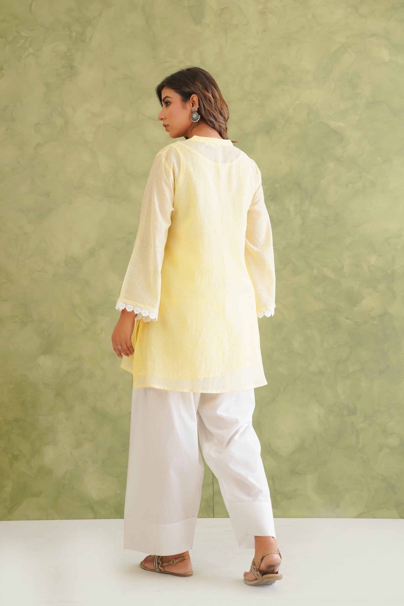 Lime Yellow Doriya Sweet Heart Kurta With farshi Salwar - Tara - C - Tara
