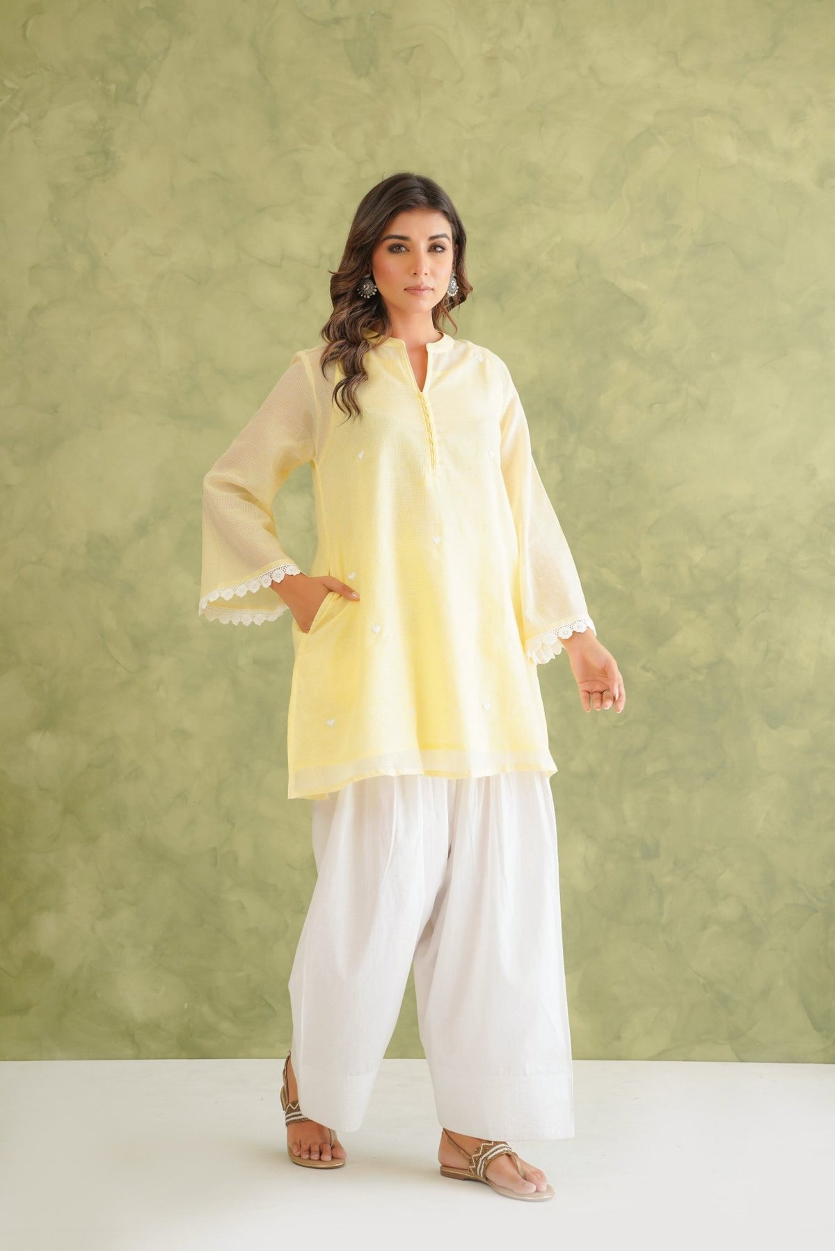 Lime Yellow Doriya Sweet Heart Kurta With farshi Salwar - Tara - C - Tara