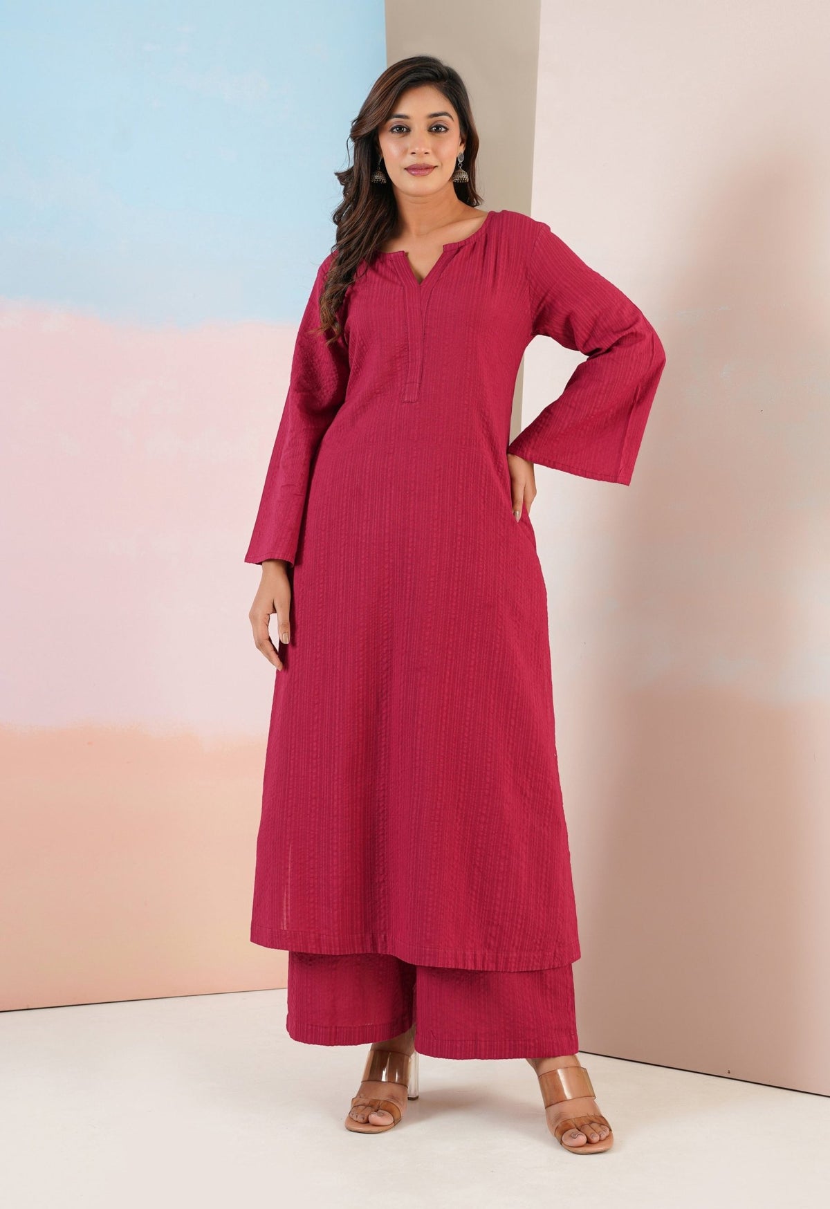 Maroon Cotton Self Stripped Coord Set - Tara - C - Tara