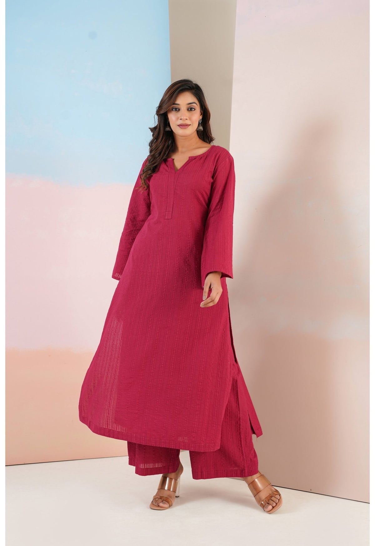 Maroon Cotton Self Stripped Coord Set - Tara - C - Tara