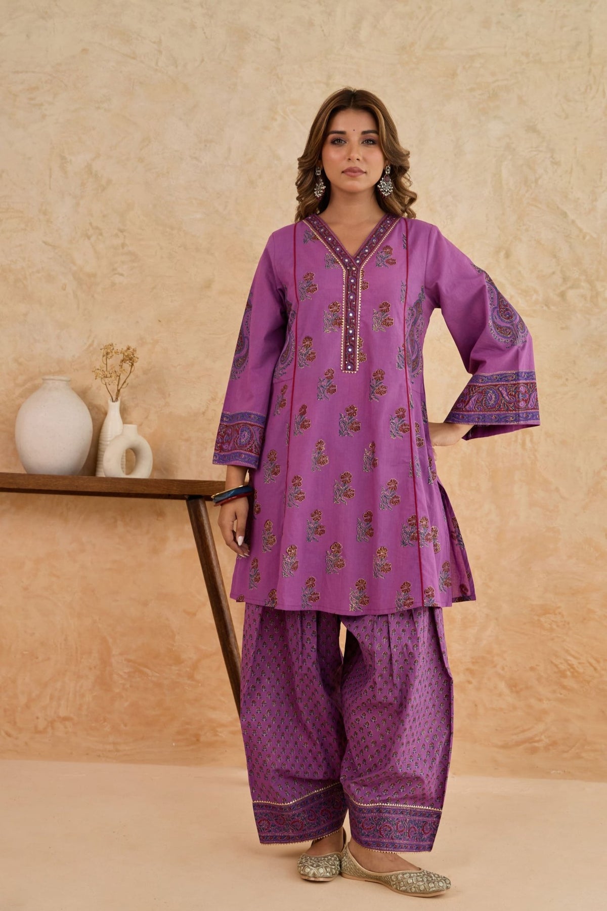 Mauve Floral Block Print Farsi Salwar Co-ord Set - Tara-C-Tara