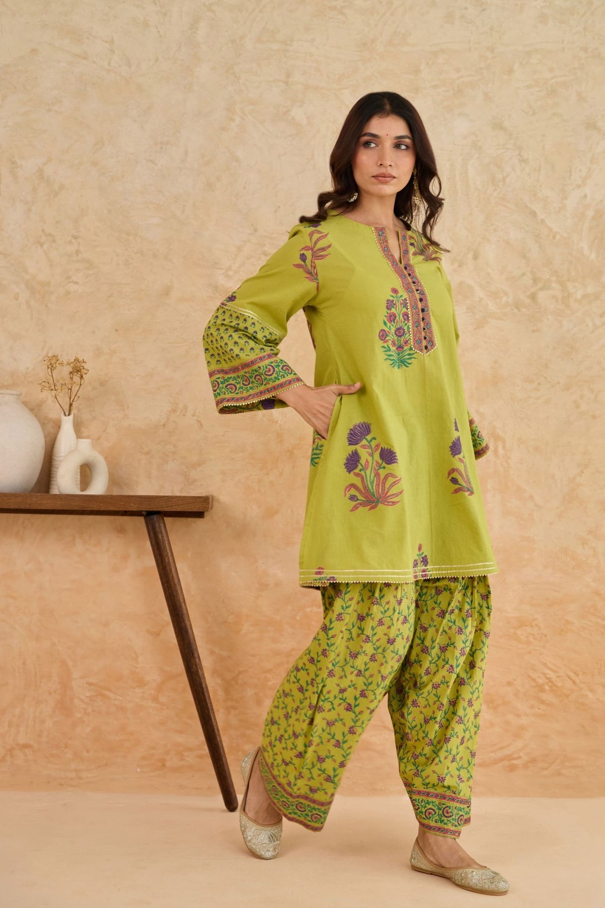 Mehendi Green Floral Block Print Farsi Salwar Co-ord Set - Tara-C-Tara