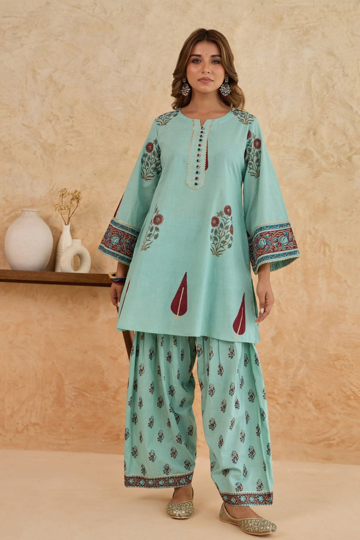 Mint Green Leaf Print Cotton Farsi Salwar Co-ord Set - Tara-C-Tara
