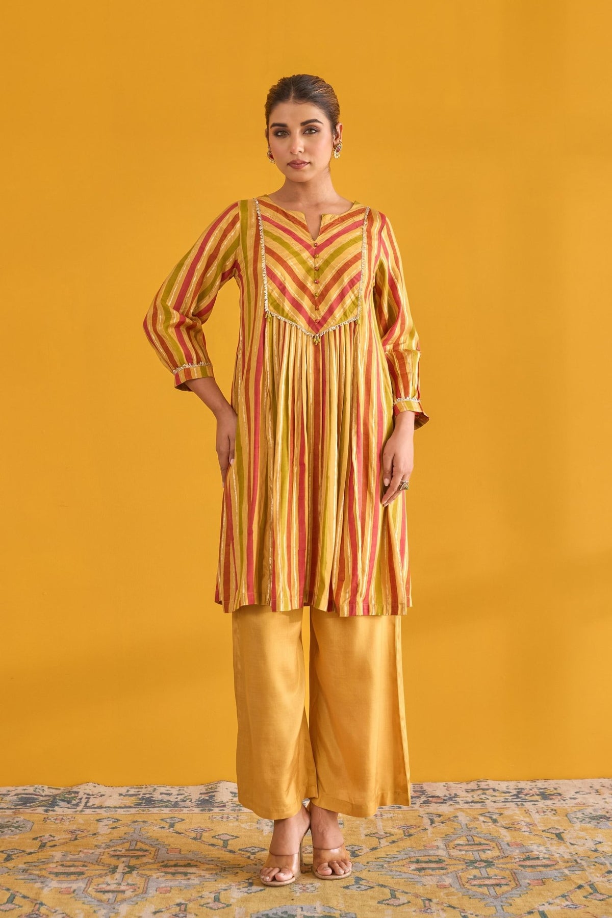 Mustard and Pink Hand Block Printed Kurta with Solid Pant - Tara - C - Tara