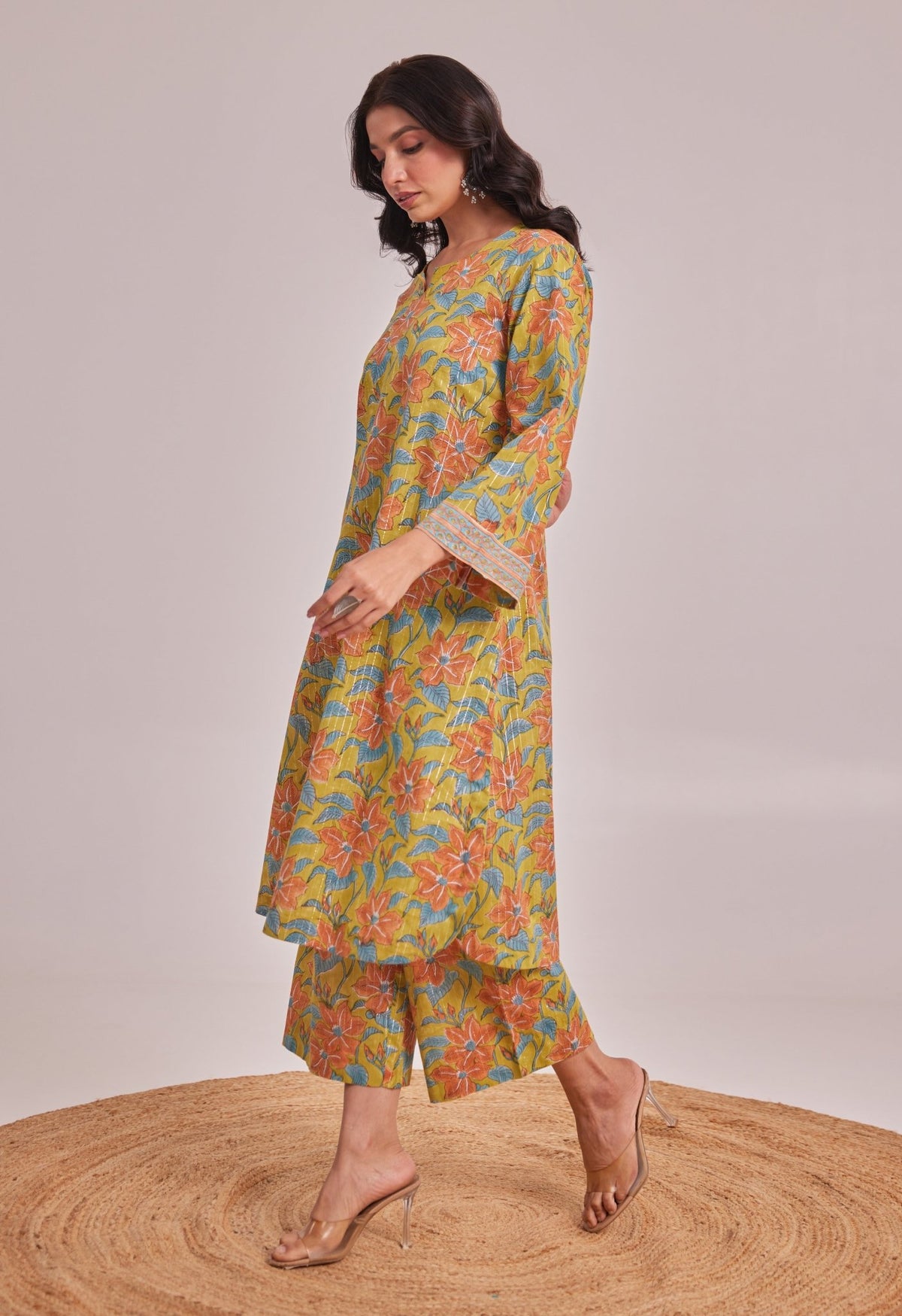 Mustard Lurex Cotton Hand Block Coord Set - Tara - C - Tara
