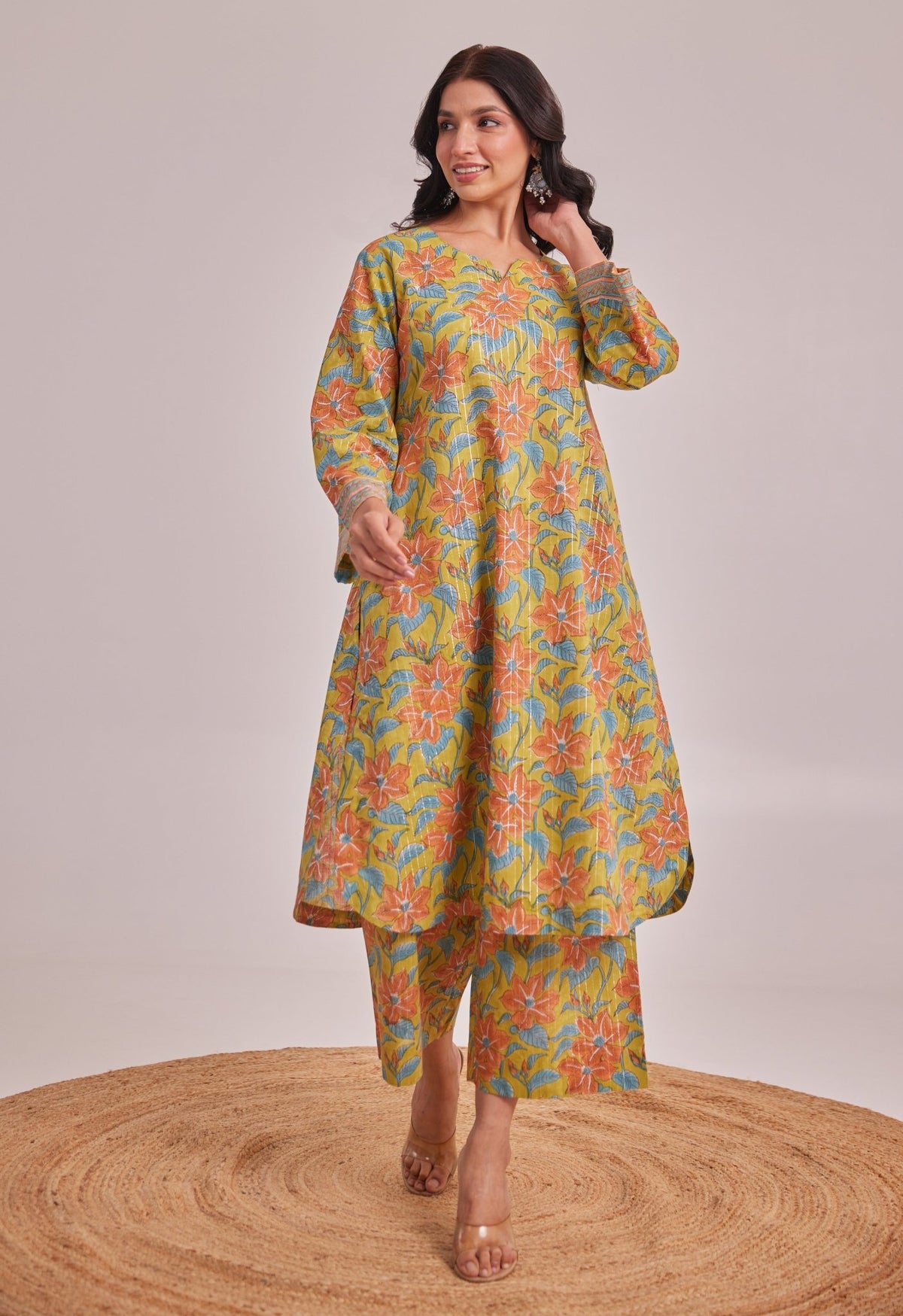 Mustard Lurex Cotton Hand Block Coord Set - Tara - C - Tara