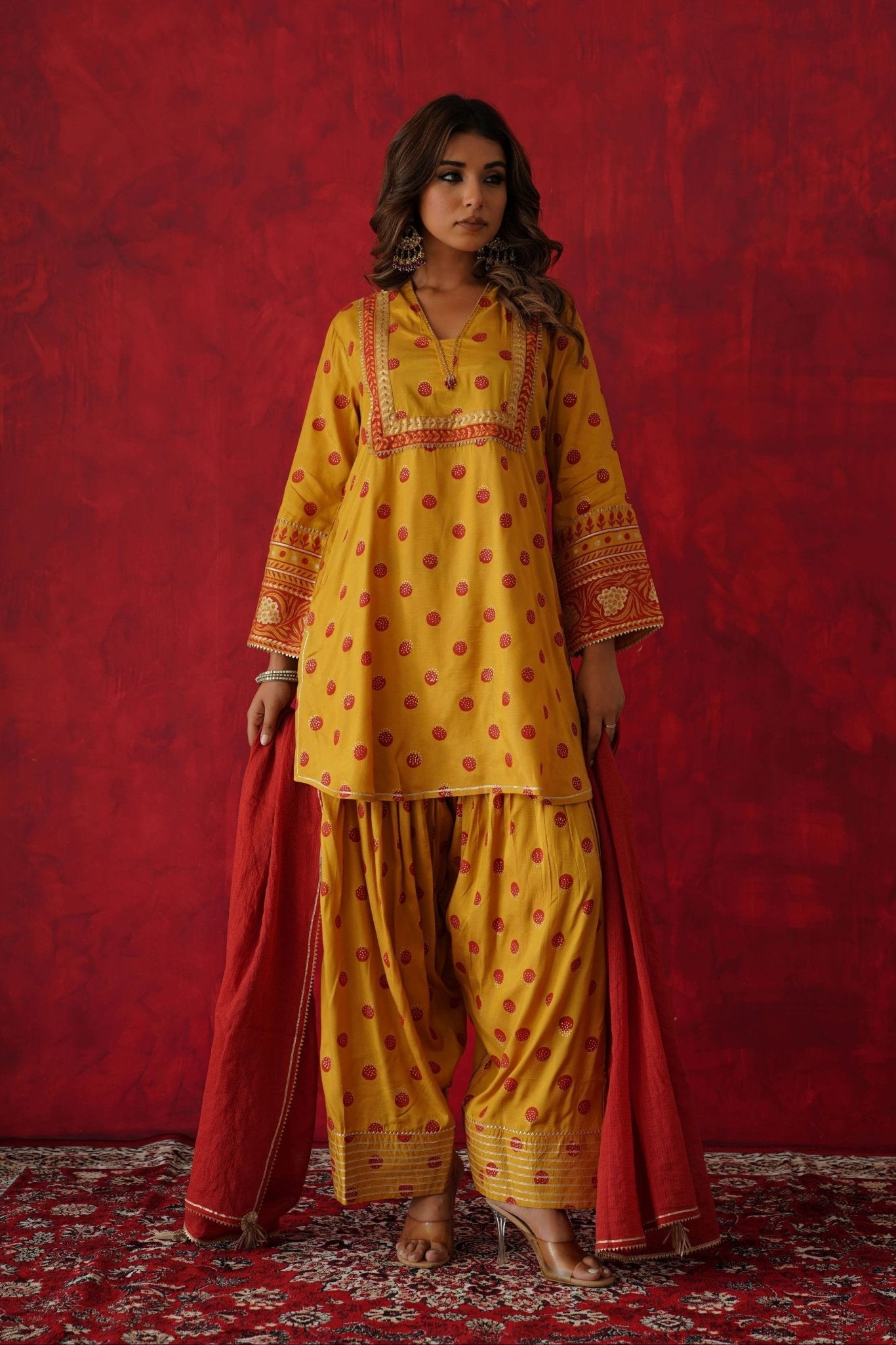 Mustard Polka Dot Farshi Salwar Suit Set With Dupatta - Tara - C - Tara