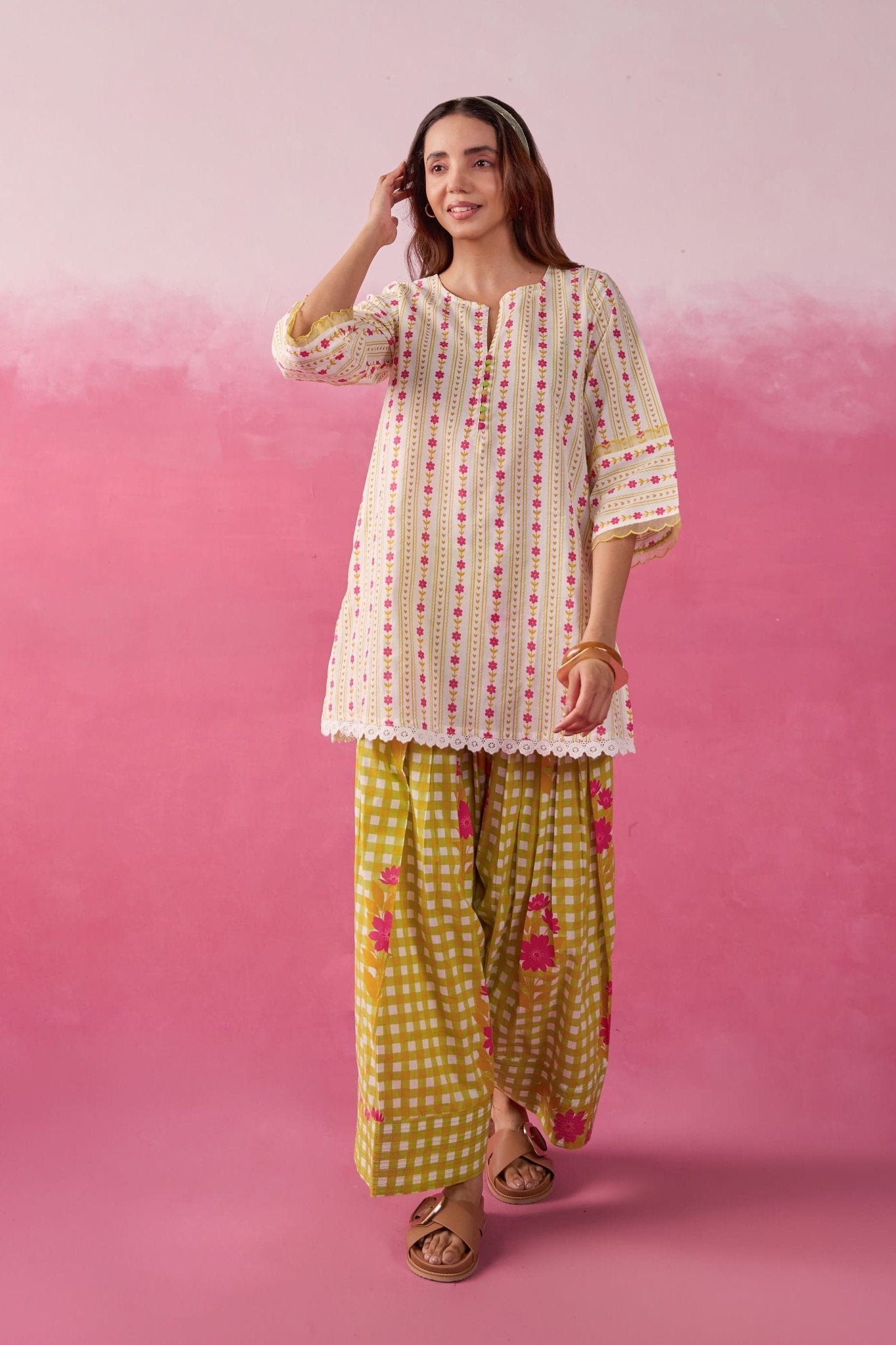 Olive Botanical Stripe Scalloped Co - ord Set - Tara - C - Tara