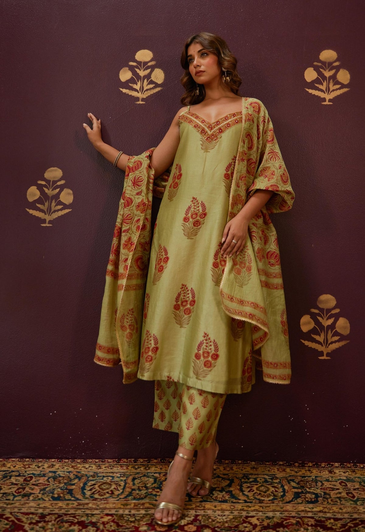 Olive Green Chanderi Hand Block Printed Suit Set With Dupatta - Tara - C - Tara