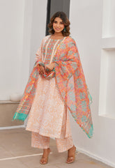 Orange Cotton hand block Printed Kurta Set With Dupatta - Tara - C - Tara