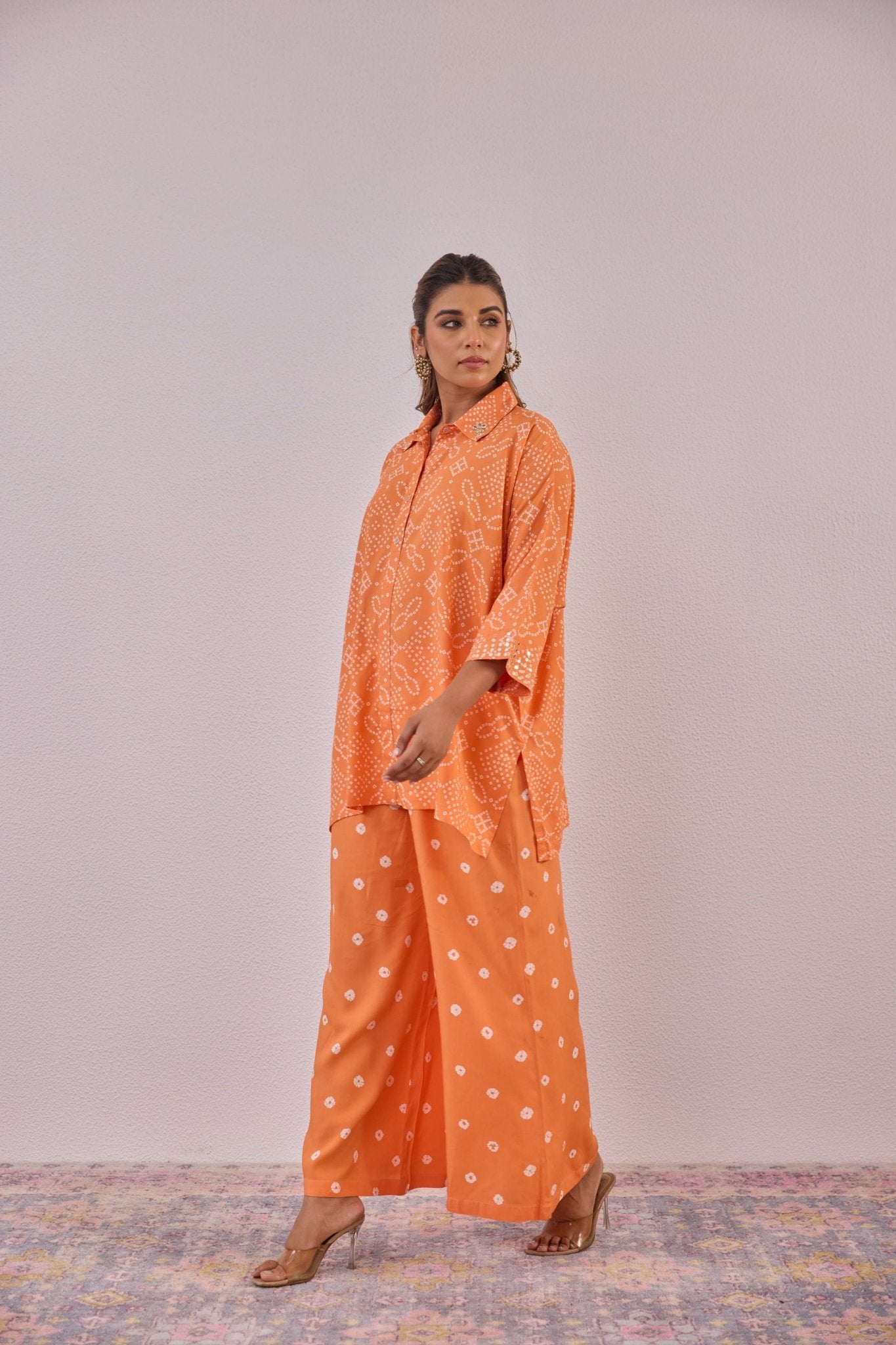 Orange Embroidered Bandhej Printed Coord Set With Palazzo Pant - Tara - C - Tara