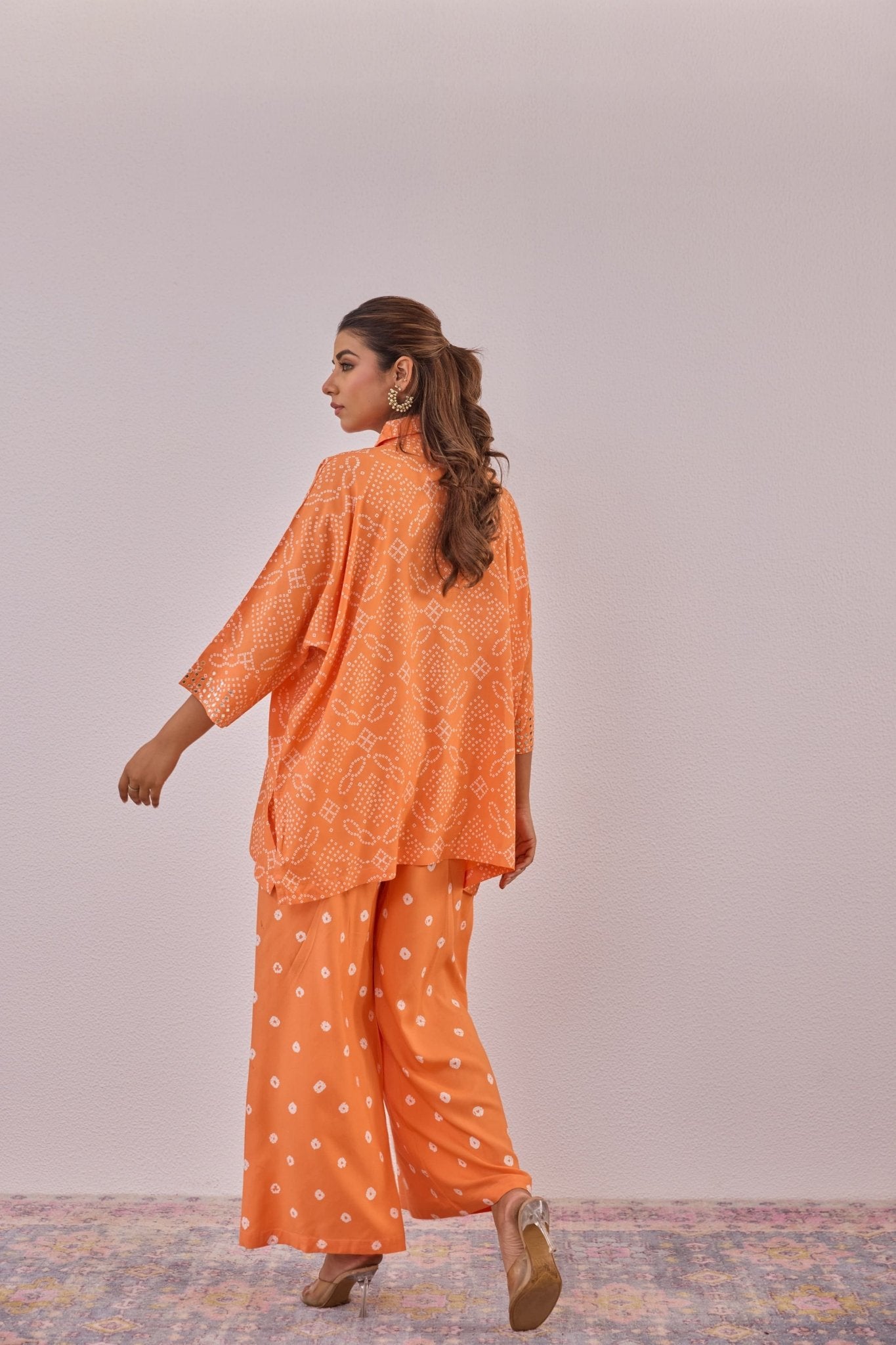 Orange Embroidered Bandhej Printed Coord Set With Palazzo Pant - Tara - C - Tara