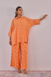 Orange Embroidered Bandhej Printed Coord Set With Palazzo Pant - Tara - C - Tara