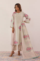 Pastel Blue Hand Block Printed Chanderi Floral Kurta Set With Dupatta - Tara - C - Tara