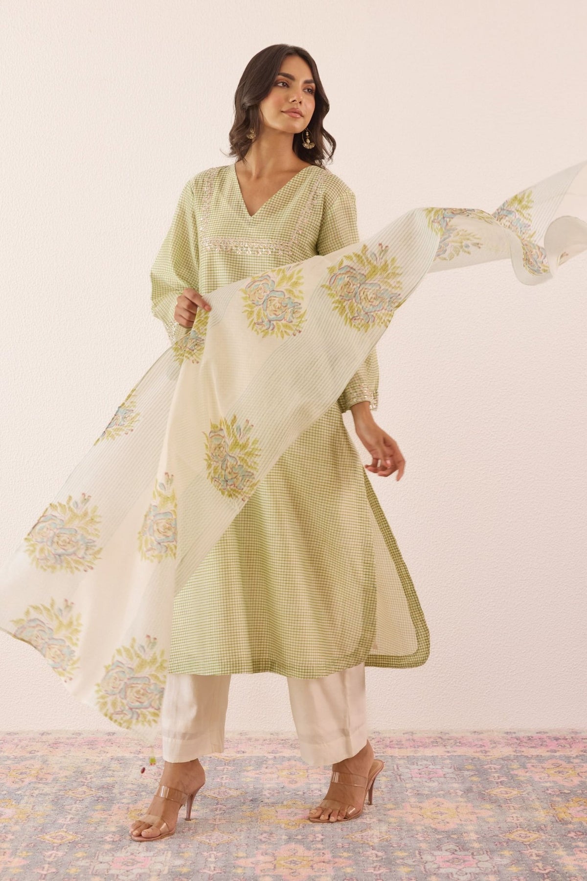 Pastel Green Checks Hand Block Printed Chanderi Kurta Set With Stowle - Tara - C - Tara