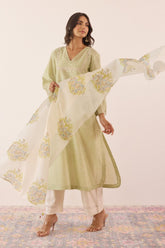 Pastel Green Checks Hand Block Printed Chanderi Kurta Set With Stowle - Tara - C - Tara
