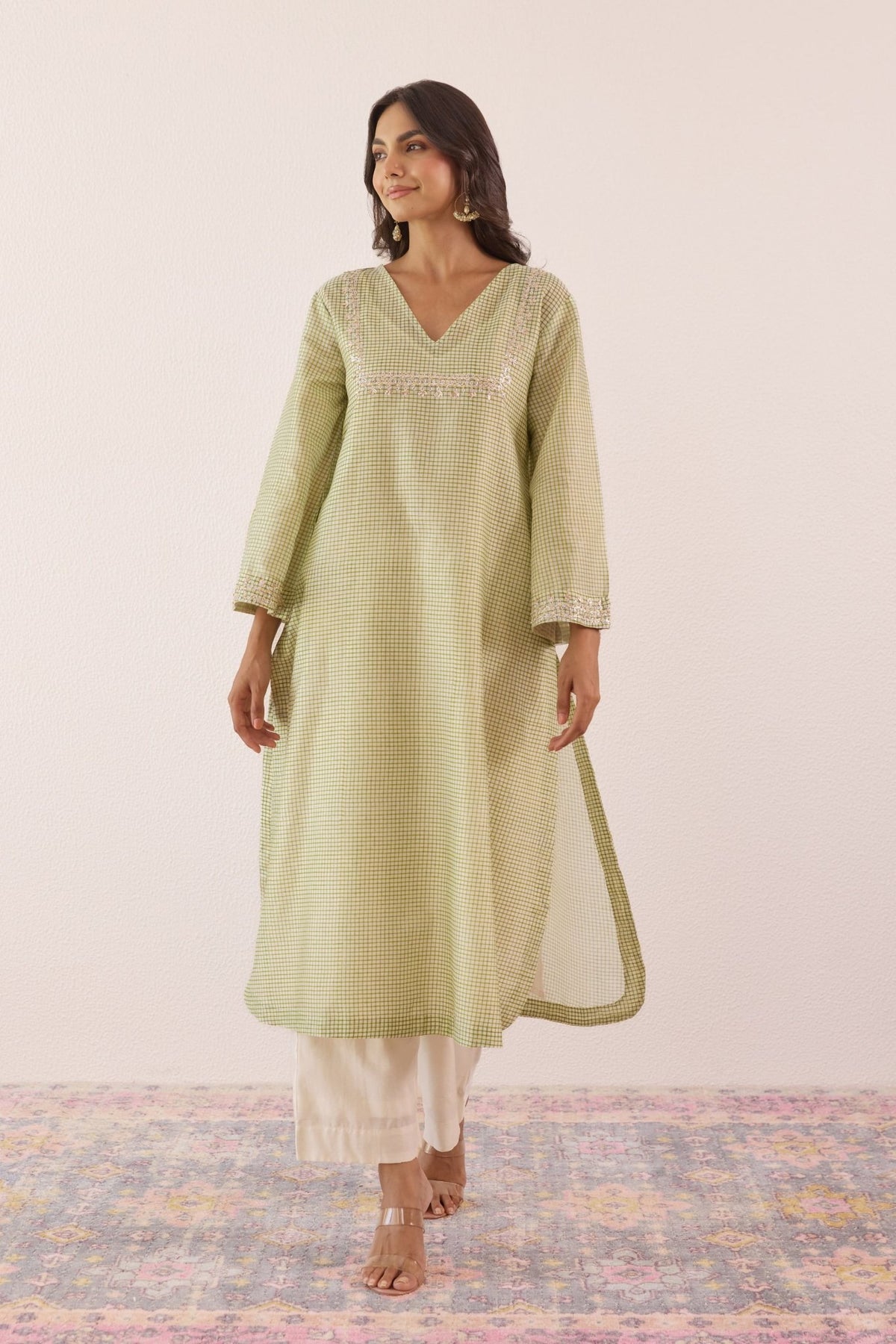 Pastel Green Checks Hand Block Printed Chanderi Kurta Set With Stowle - Tara - C - Tara