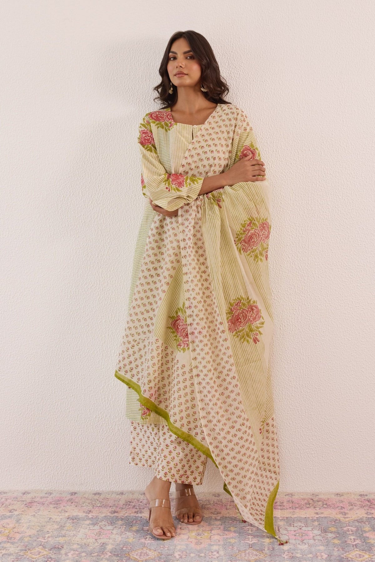 Pastel Green Hand Block Printed Chanderi Floral Kurta Set With Dupatta - Tara - C - Tara
