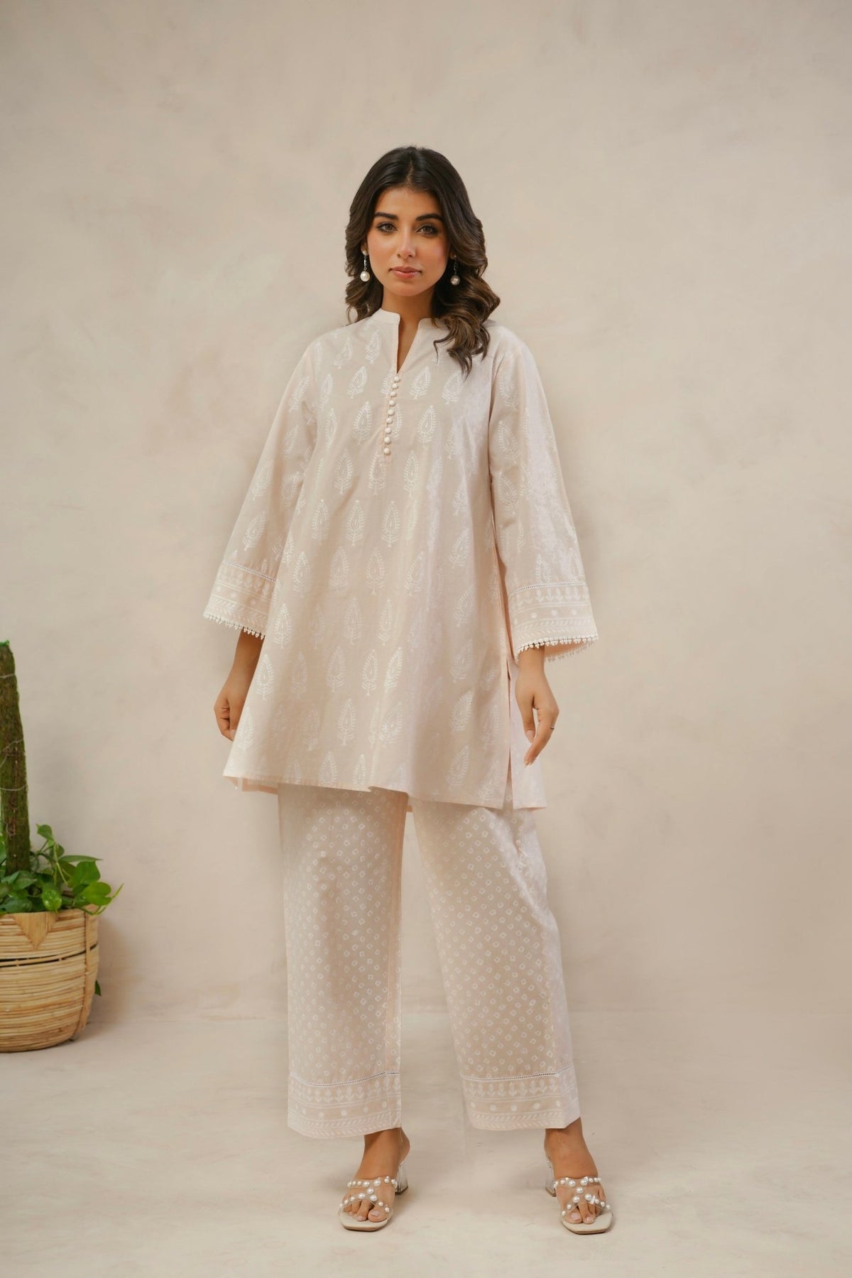 Pastel Peach White Khari hand Block Printed Coordset - Tara - C - Tara