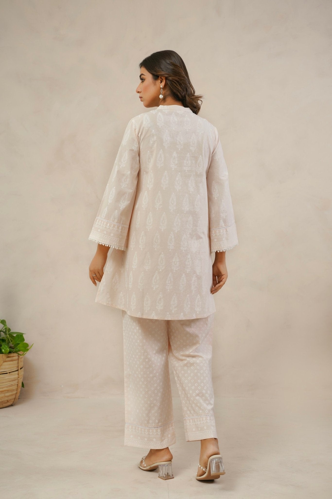 Pastel Peach White Khari hand Block Printed Coordset - Tara - C - Tara