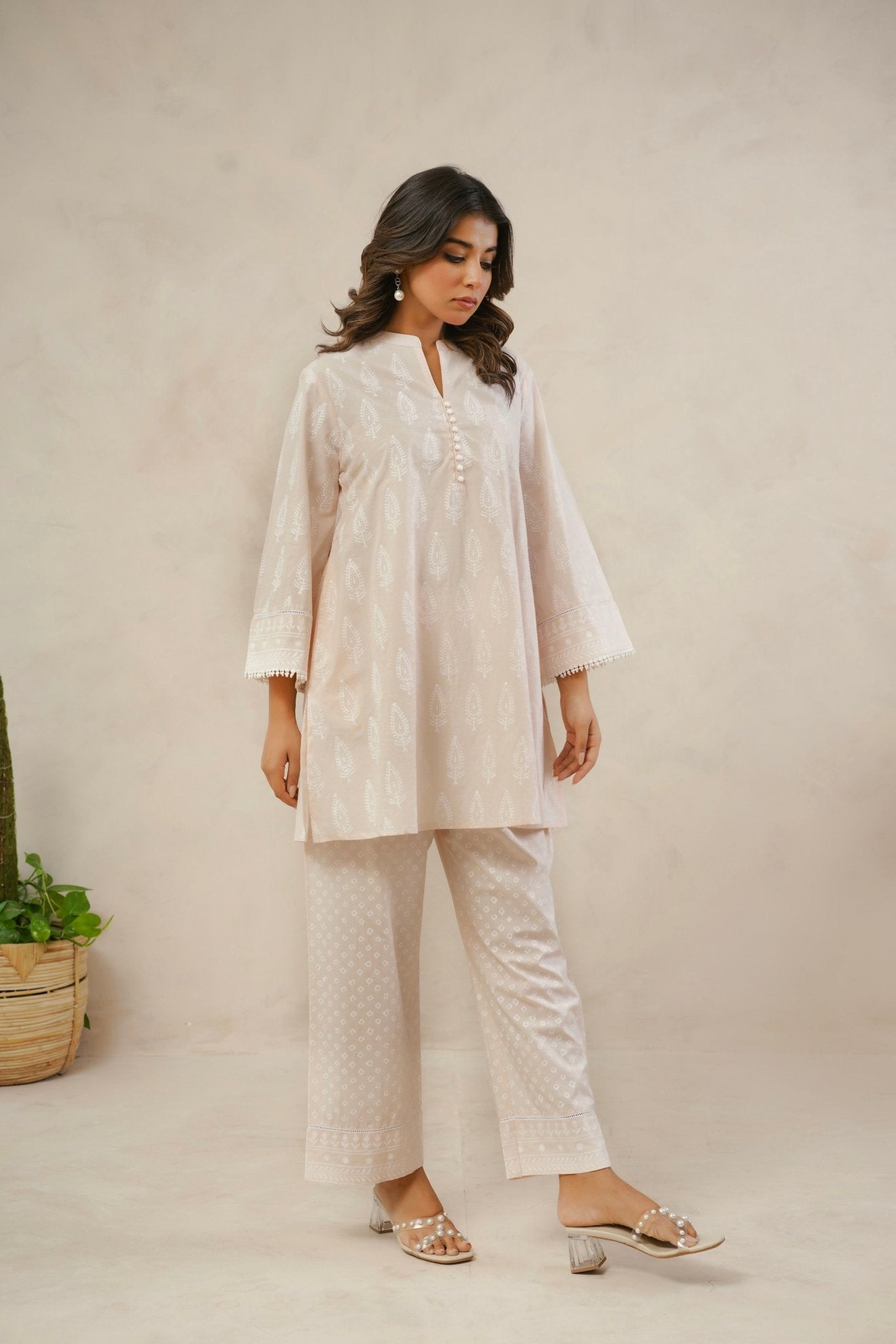 Pastel Peach White Khari hand Block Printed Coordset - Tara - C - Tara