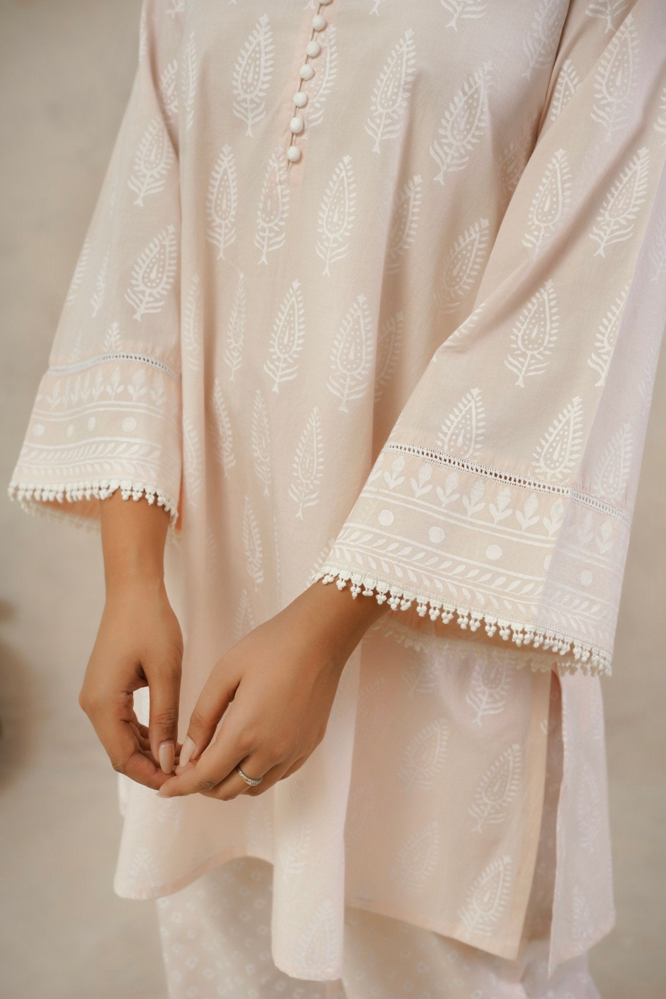 Pastel Peach White Khari hand Block Printed Coordset - Tara - C - Tara