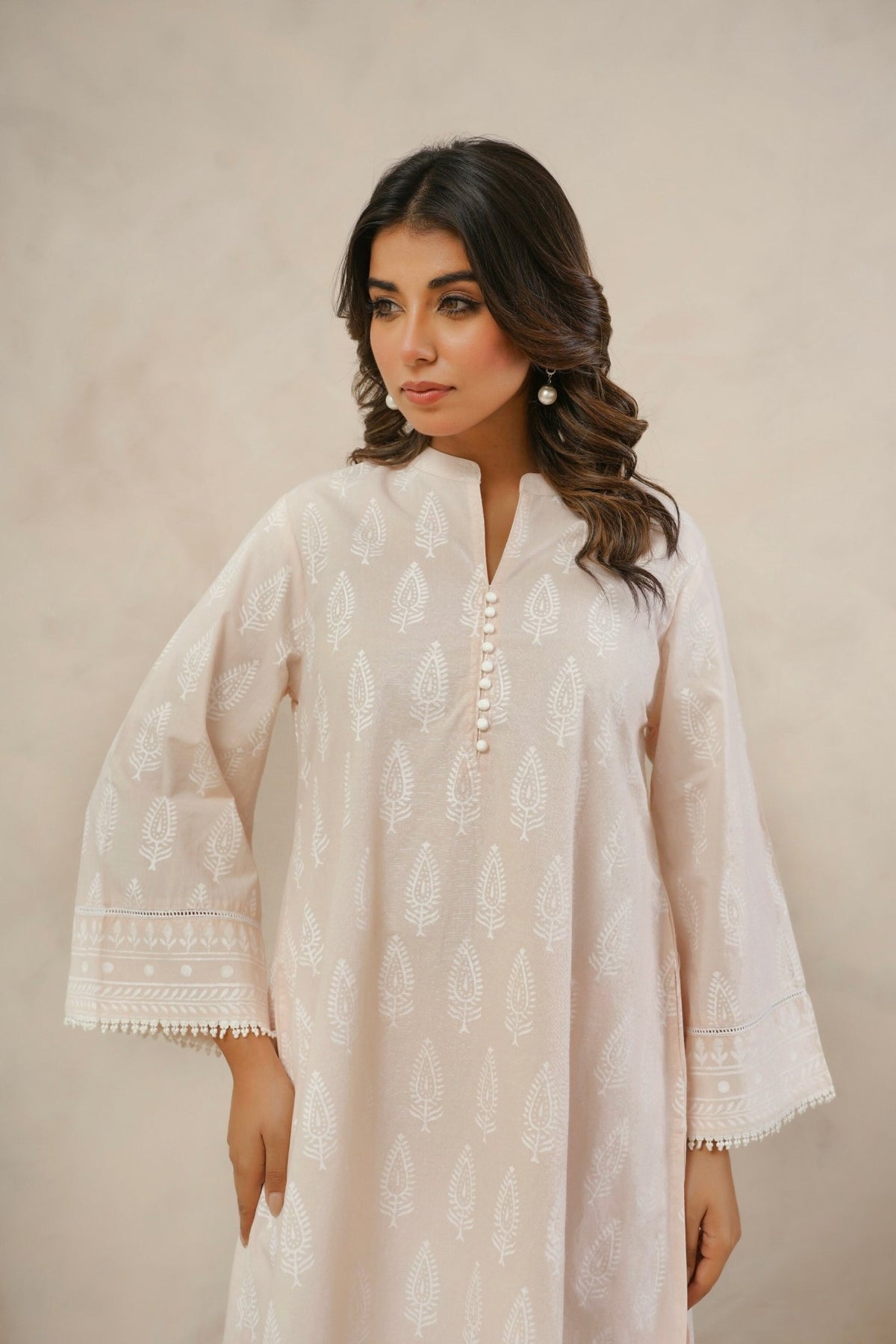 Pastel Peach White Khari hand Block Printed Coordset - Tara - C - Tara