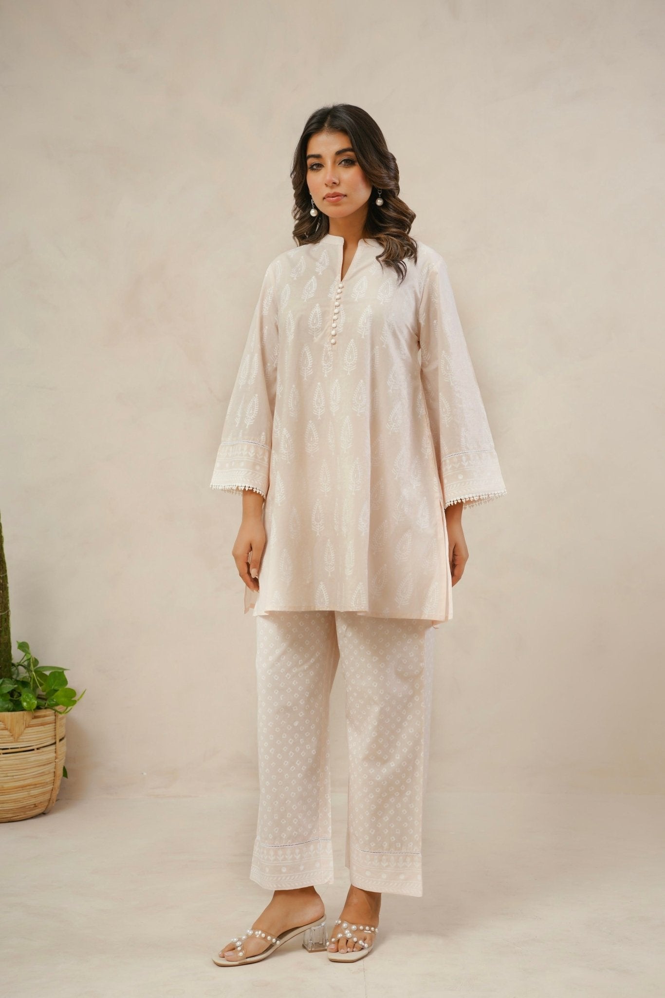 Pastel Peach White Khari hand Block Printed Coordset - Tara - C - Tara