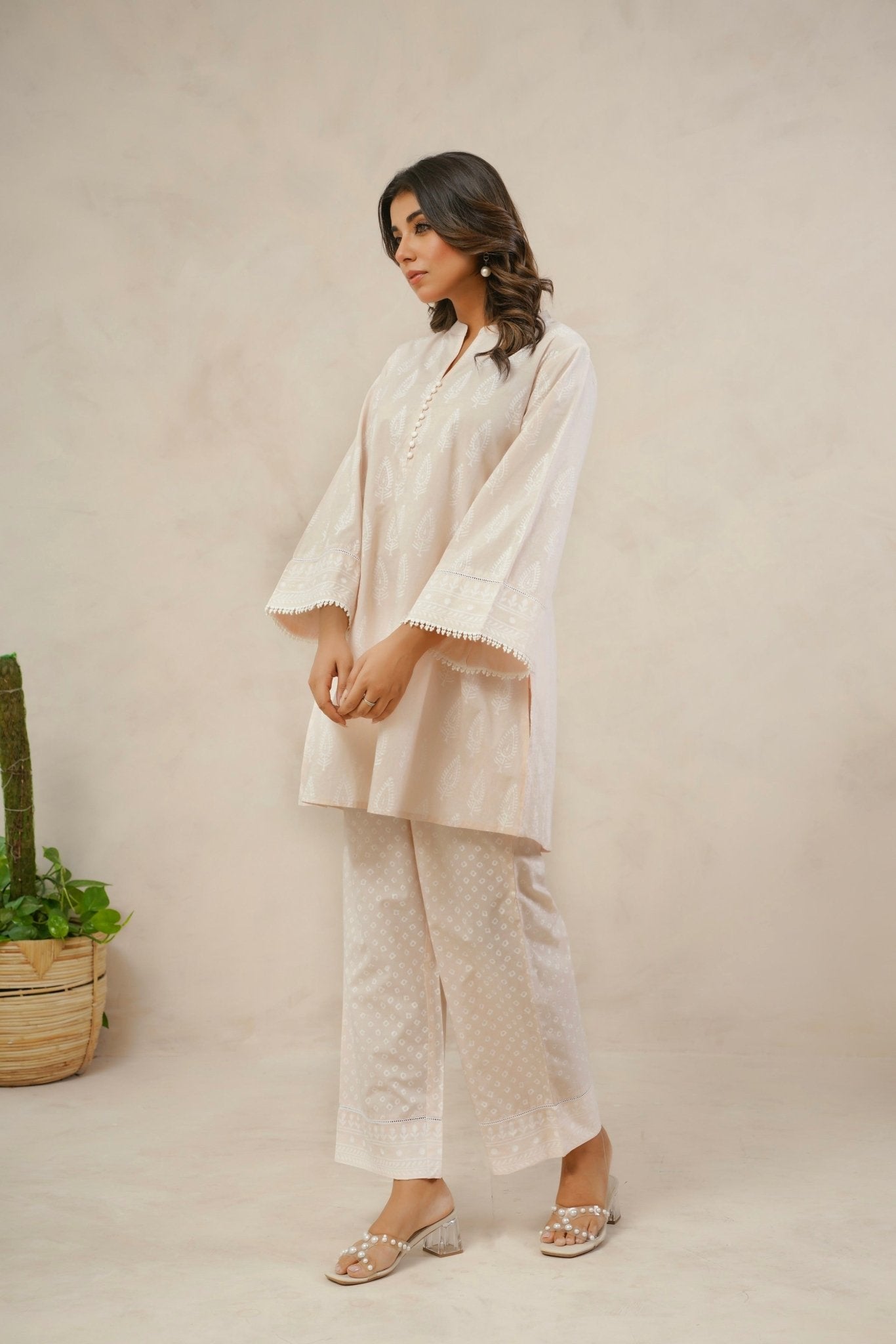 Pastel Peach White Khari hand Block Printed Coordset - Tara - C - Tara