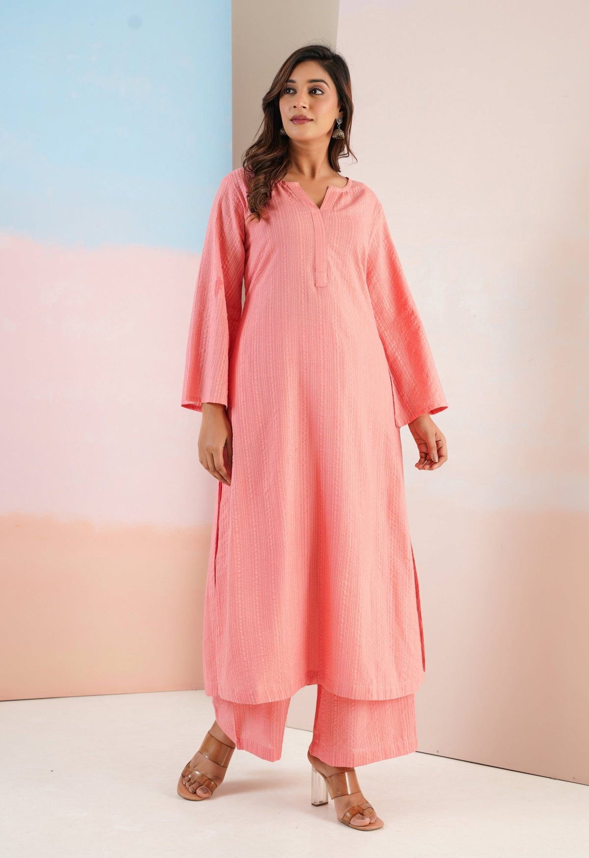 Peach Cotton Self Stripped Coord Set - Tara - C - Tara