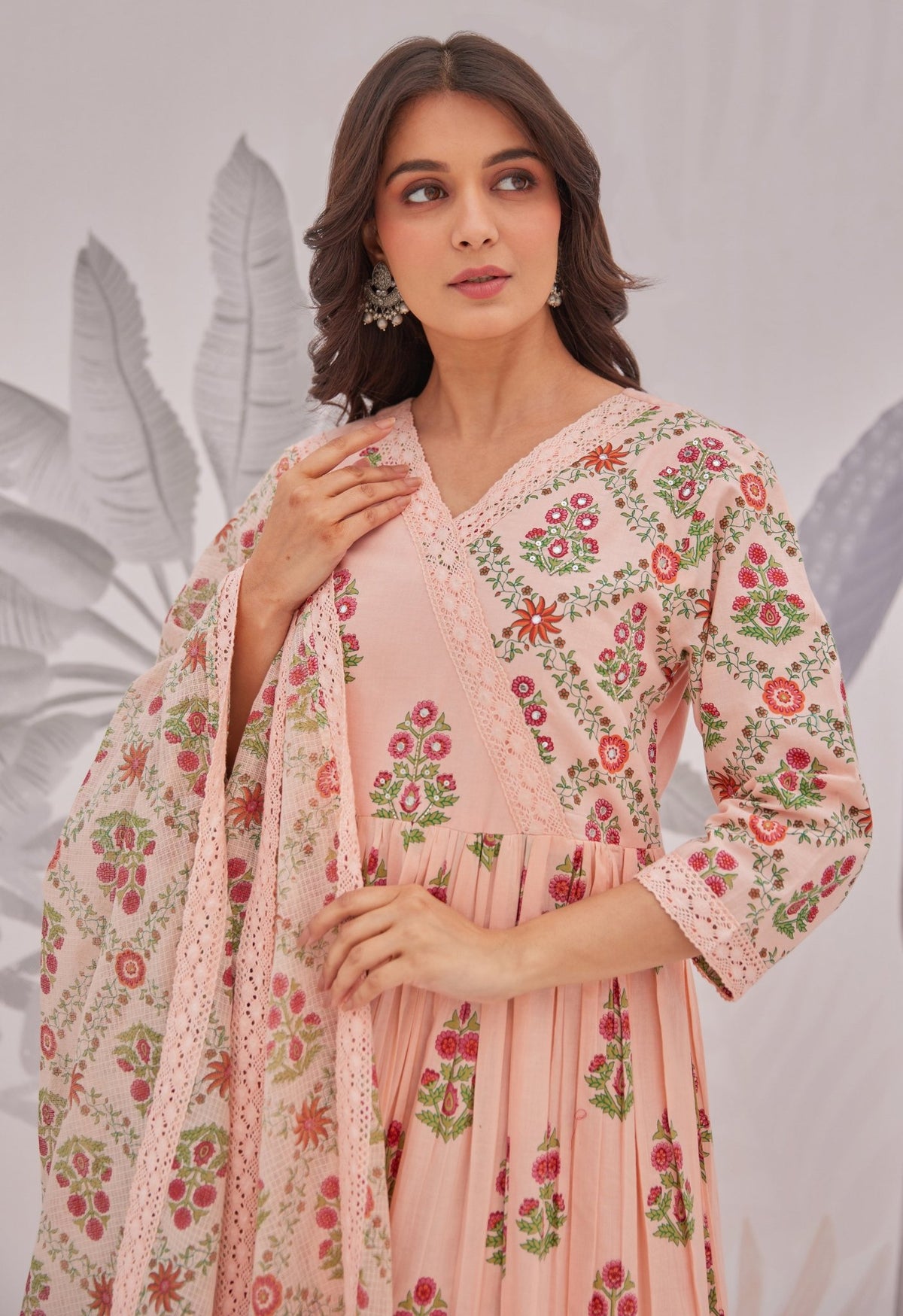 Peach Floral Butta Printed Anarkali Suit Set - Tara - C - Tara
