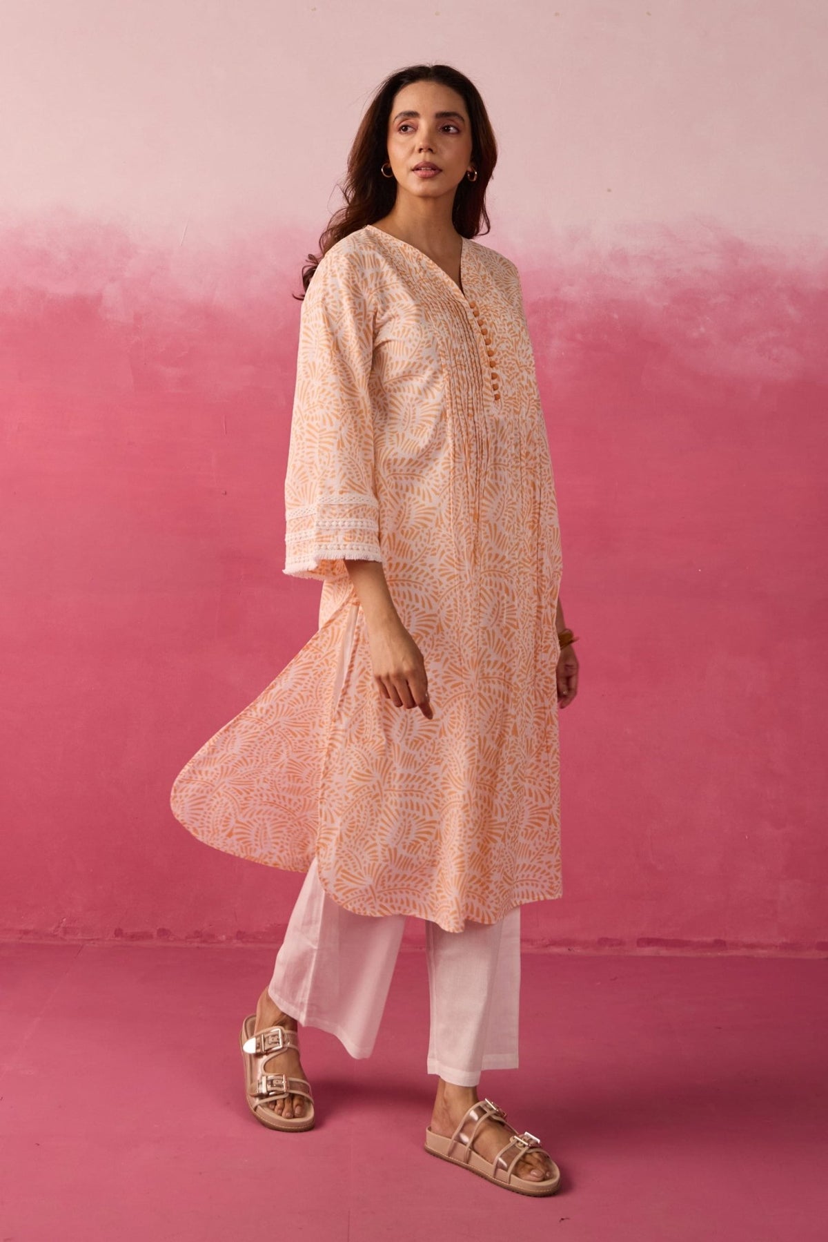 Peach Hand Block Print Gathered Kurta & White Pant Co - ord Set - Tara - C - Tara