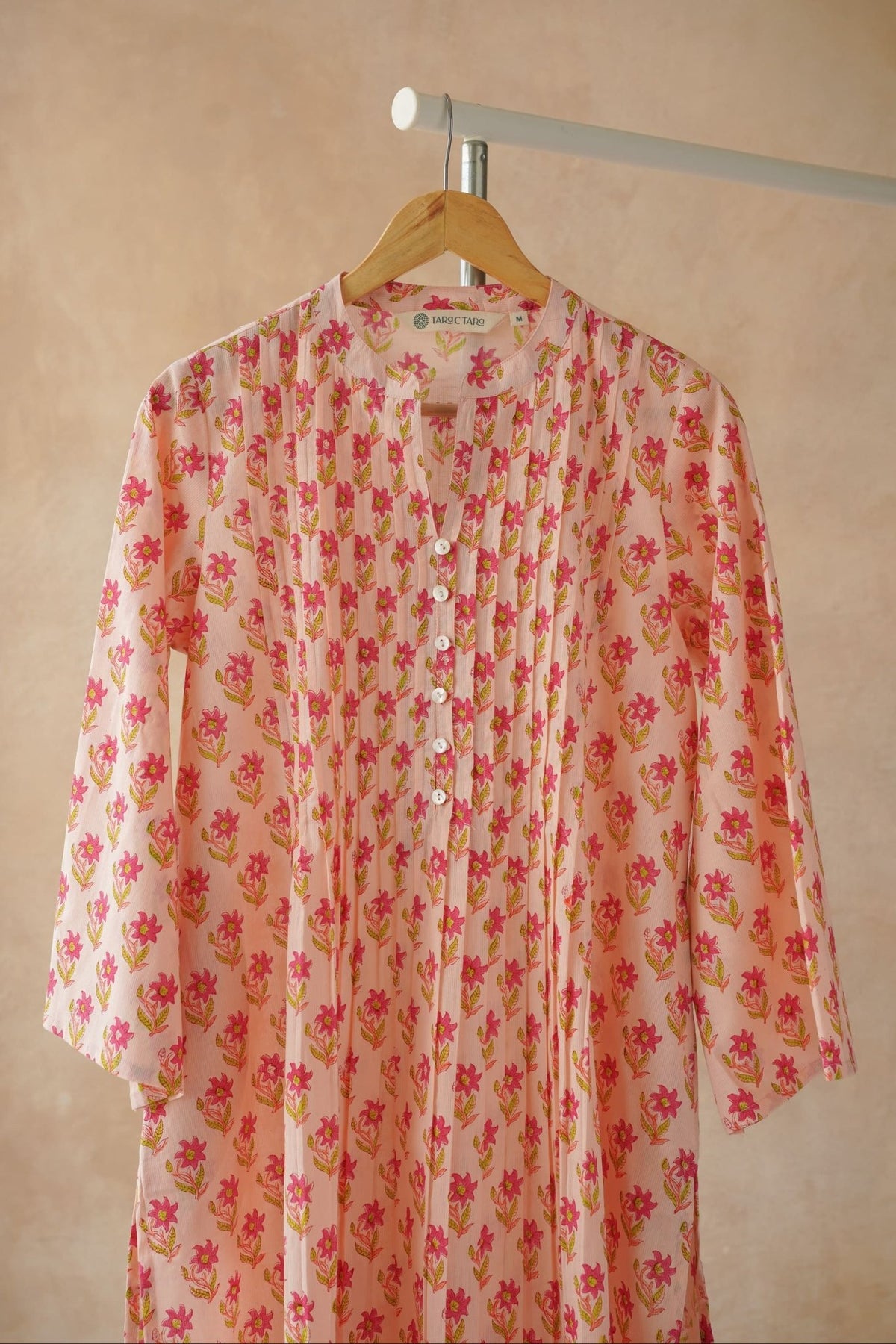Peach Pink Floral Hand Block Print Pintuck Kurta - Tara - C - Tara