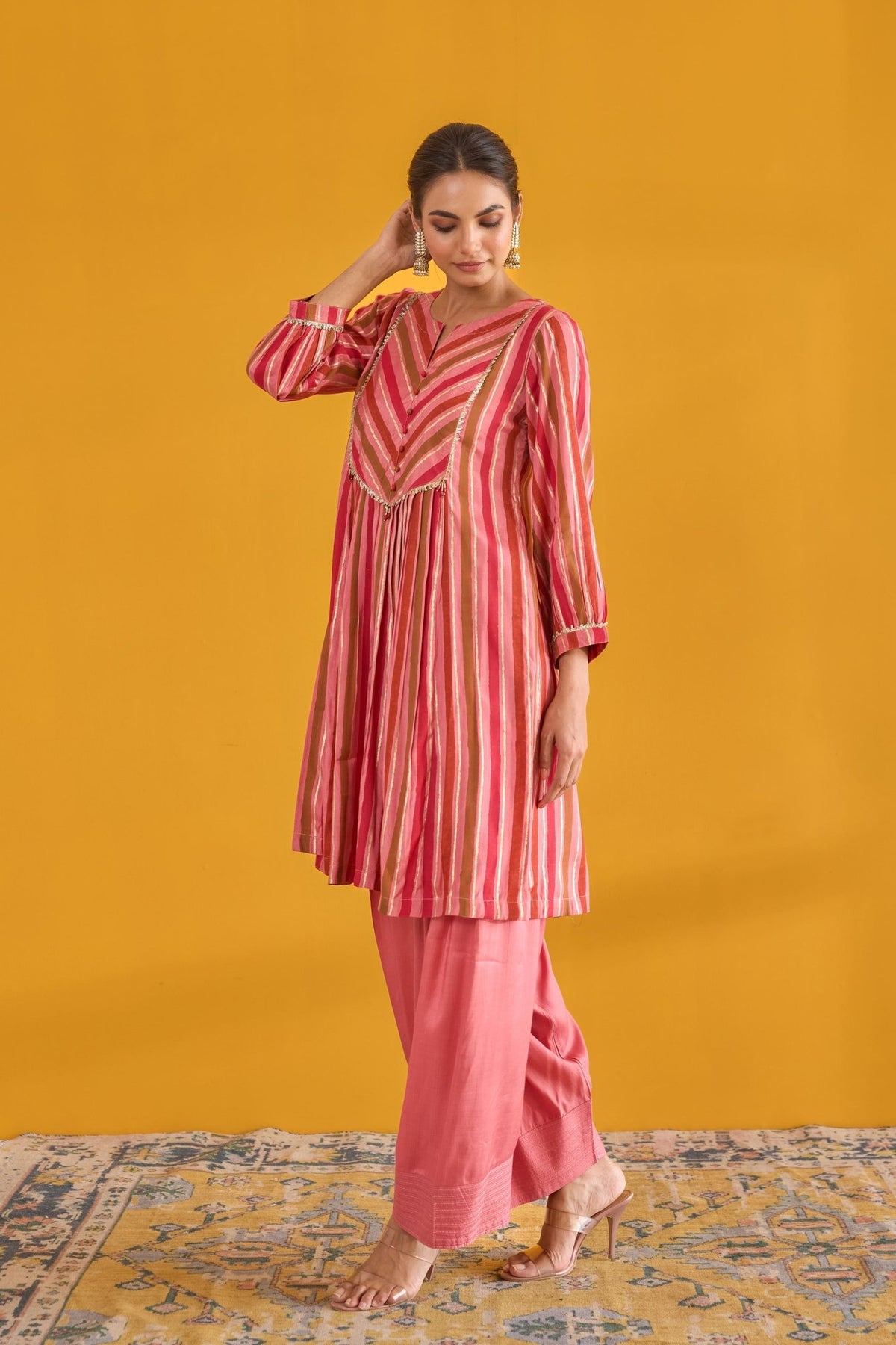 Peach Pink Hand Block Printed Kurta with Solid Farshi Pants - Tara - C - Tara