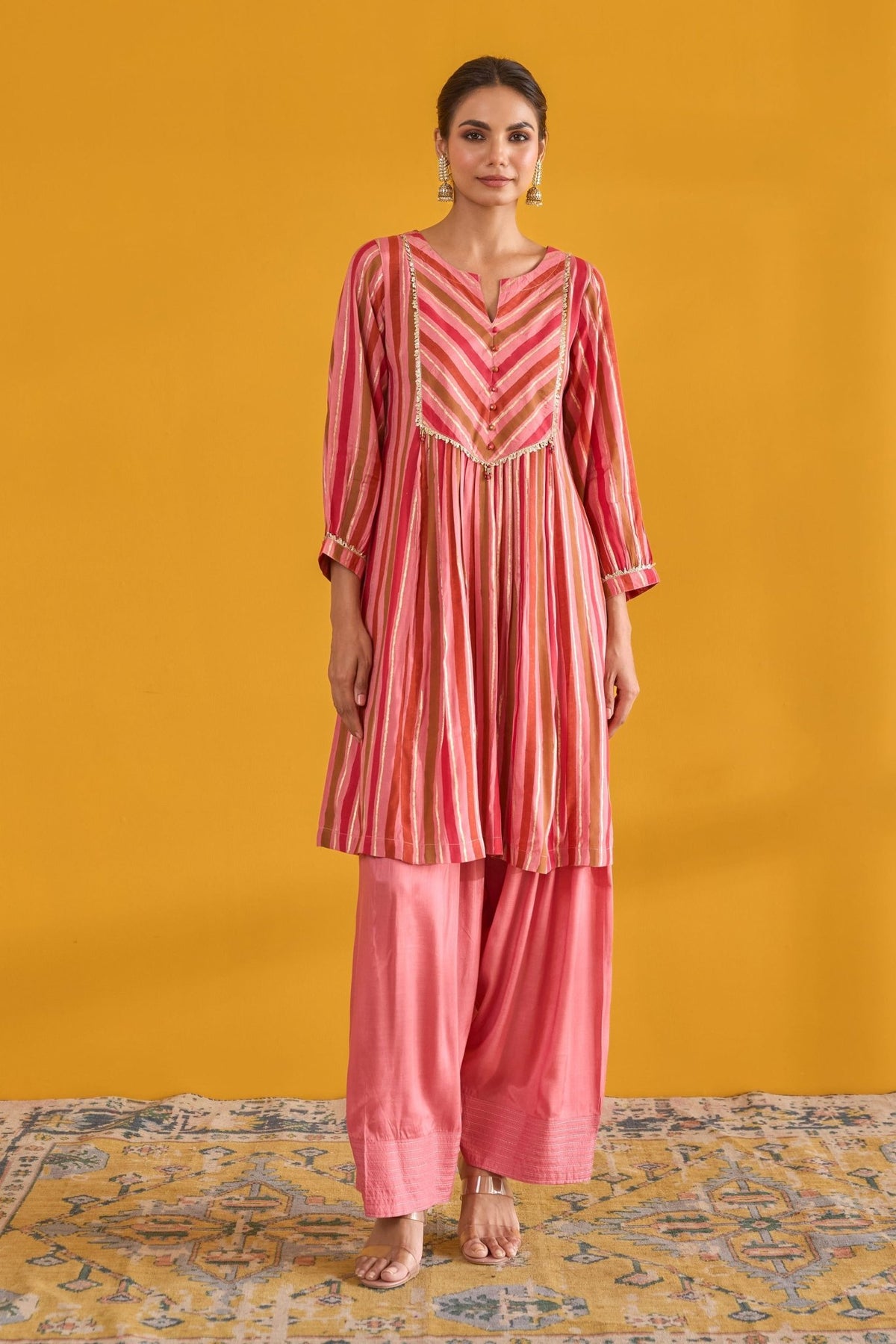Peach Pink Hand Block Printed Kurta with Solid Farshi Pants - Tara - C - Tara