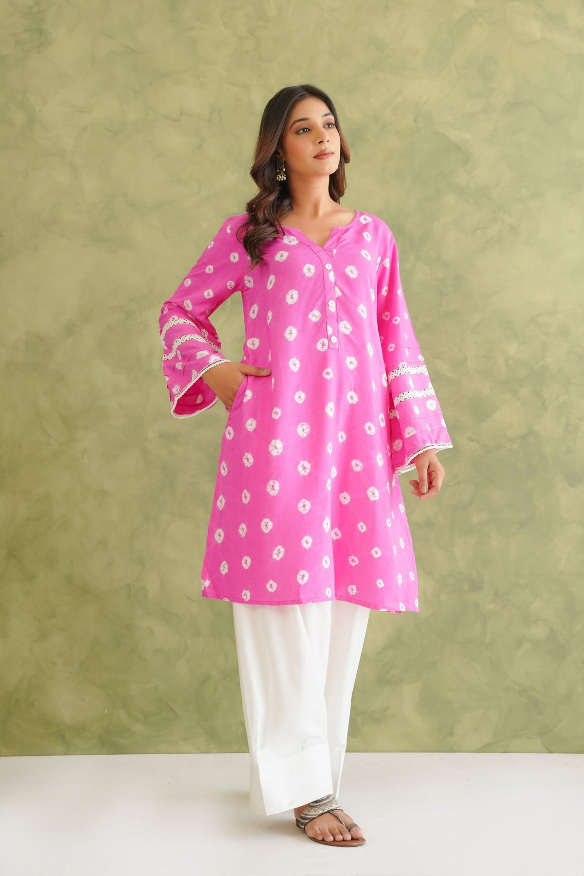 Pink Bandhej Hand Tie Dye Coord Set With Farsi Salwar - Tara - C - Tara