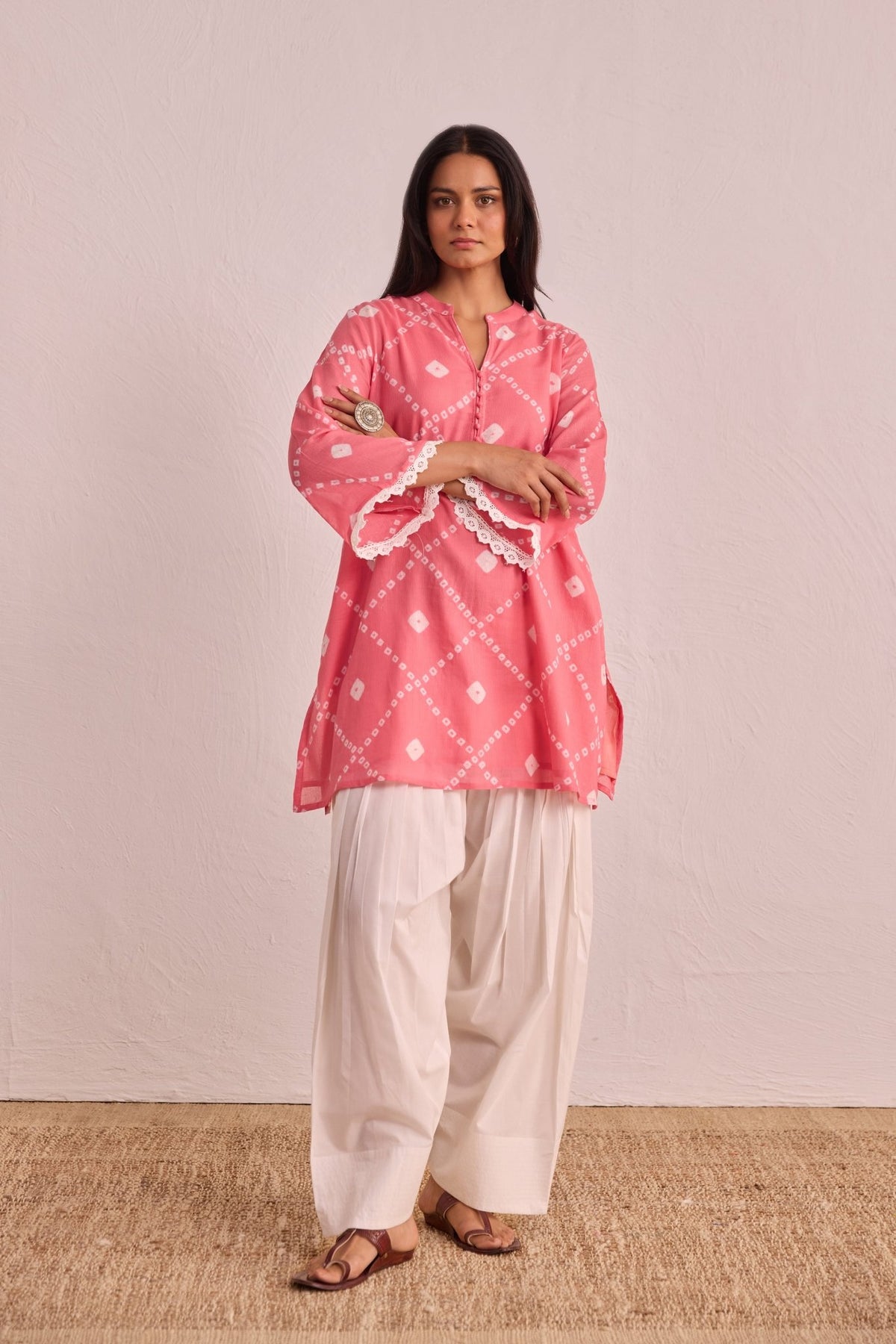 Pink Bandhej Printed Kurta & White Farsi Salwar Co - ord Set - Tara - C - Tara