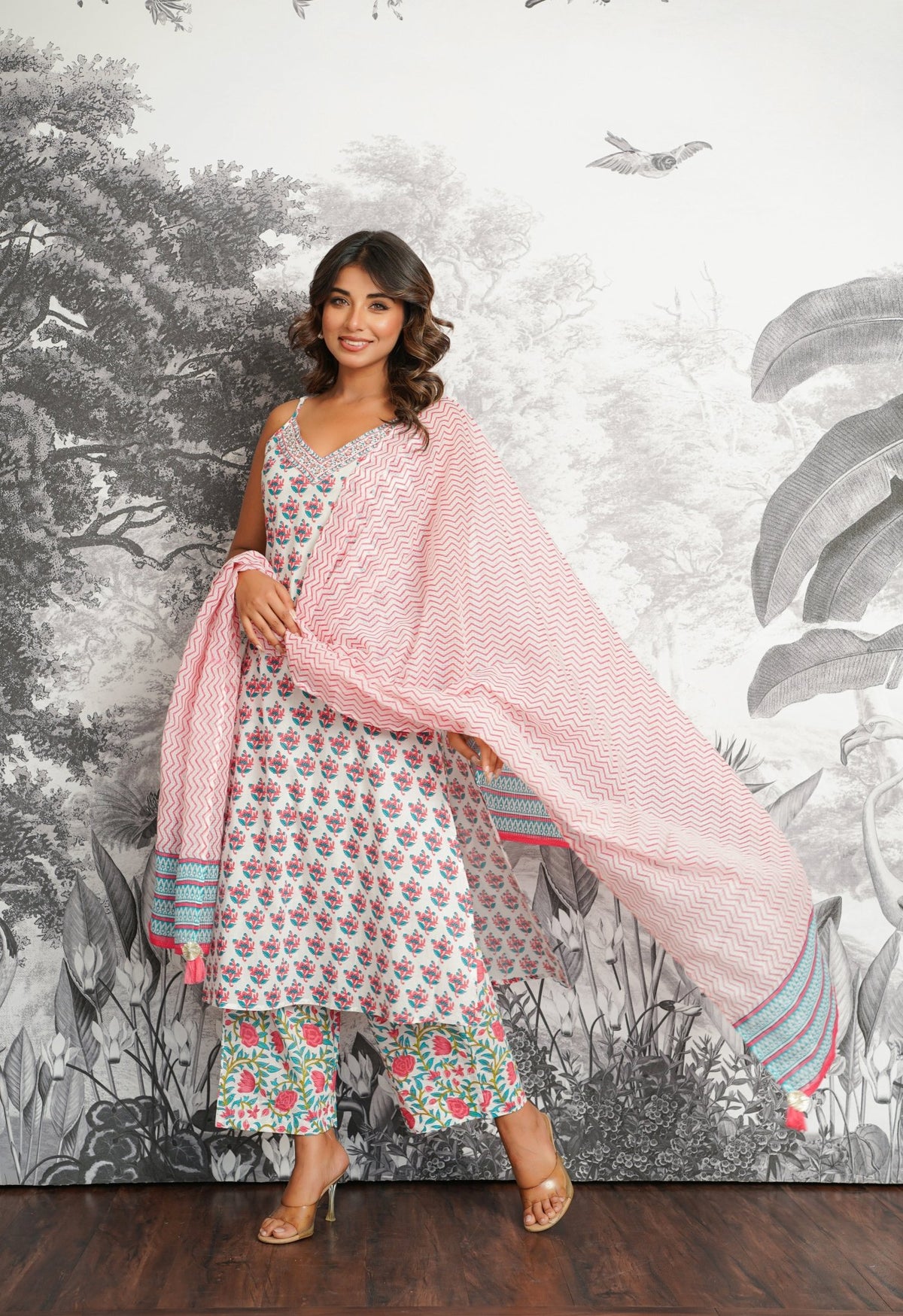 Pink - Blue Floral Printed Strappy Suit set - Tara - C - Tara