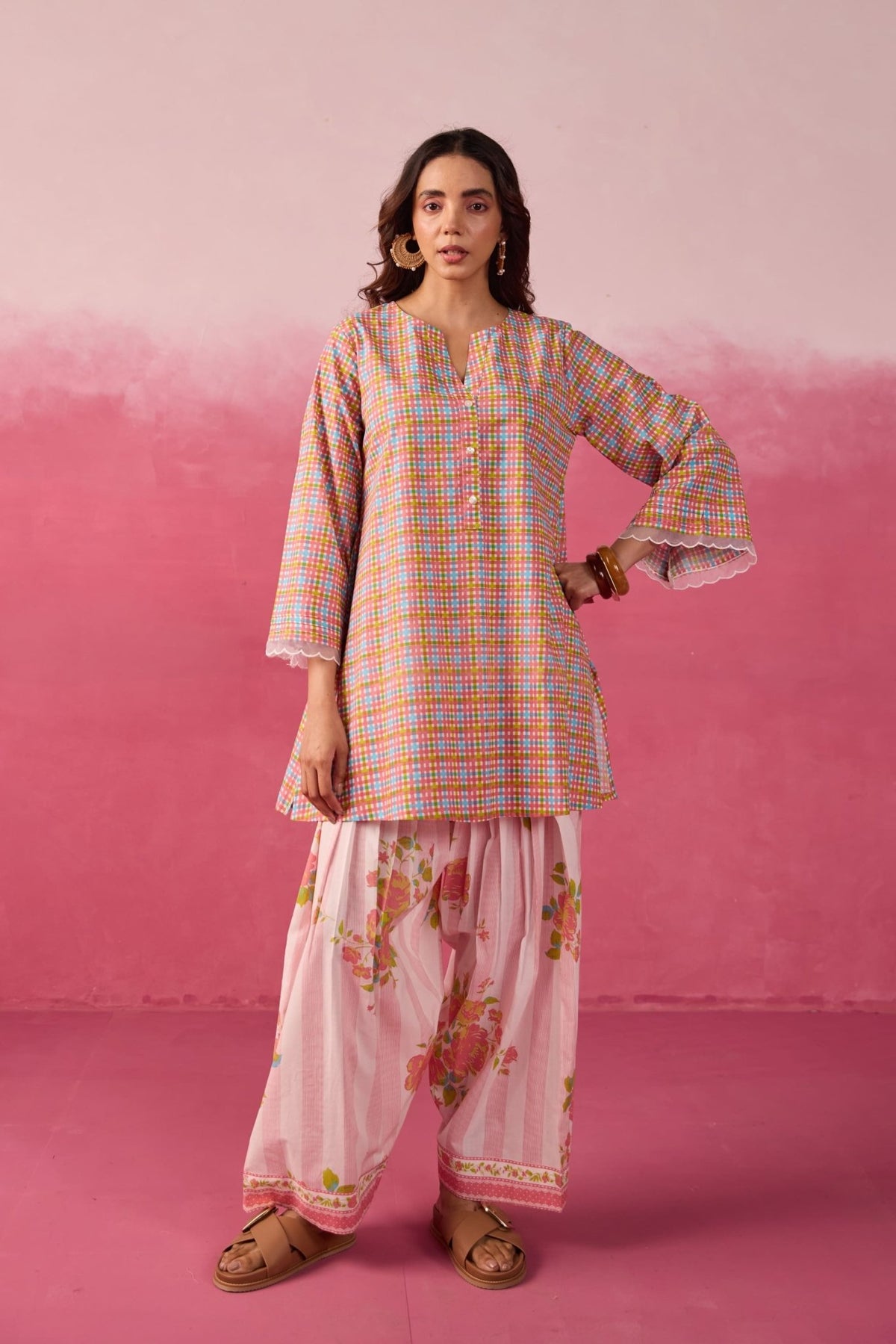 Pink Checks & Floral Printed Farsi Salwar Printed Co - ord Set - Tara - C - Tara