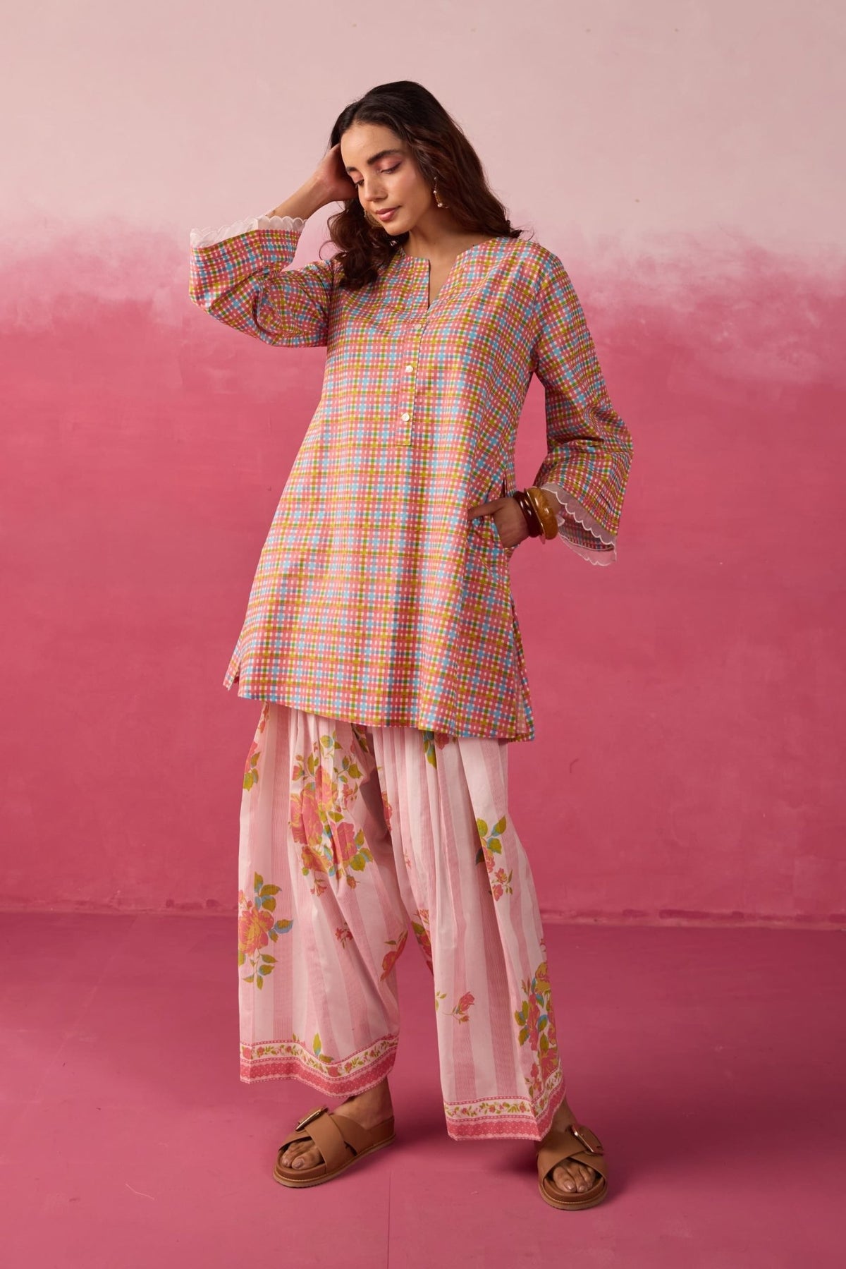 Pink Checks & Floral Printed Farsi Salwar Printed Co - ord Set - Tara - C - Tara