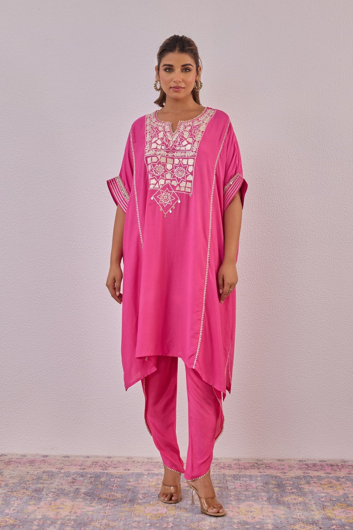 Pink Cotton Silk Embroidered Kaftan Set - Tara - C - Tara