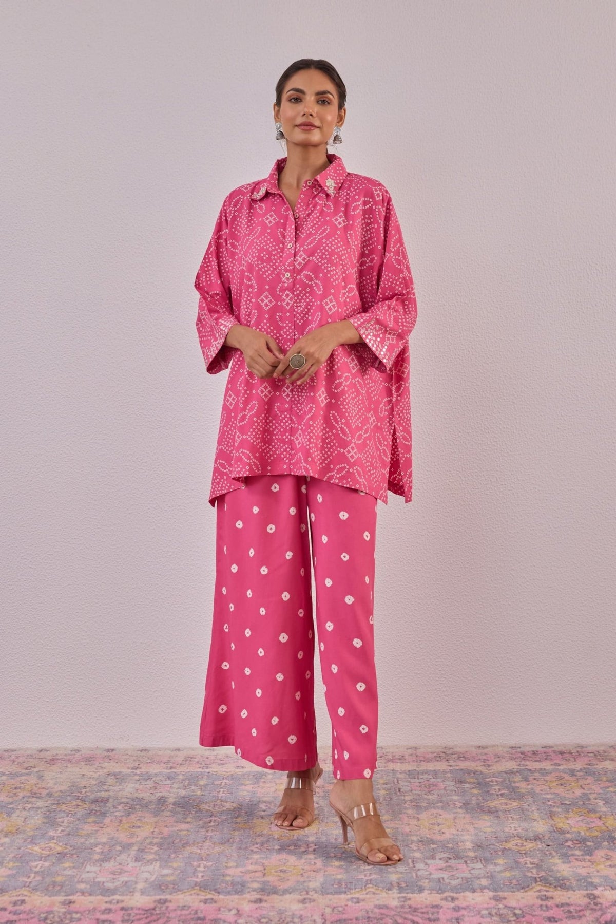 Pink Embroidered Bandhej Printed Coord Set With Palazzo Pant - Tara - C - Tara